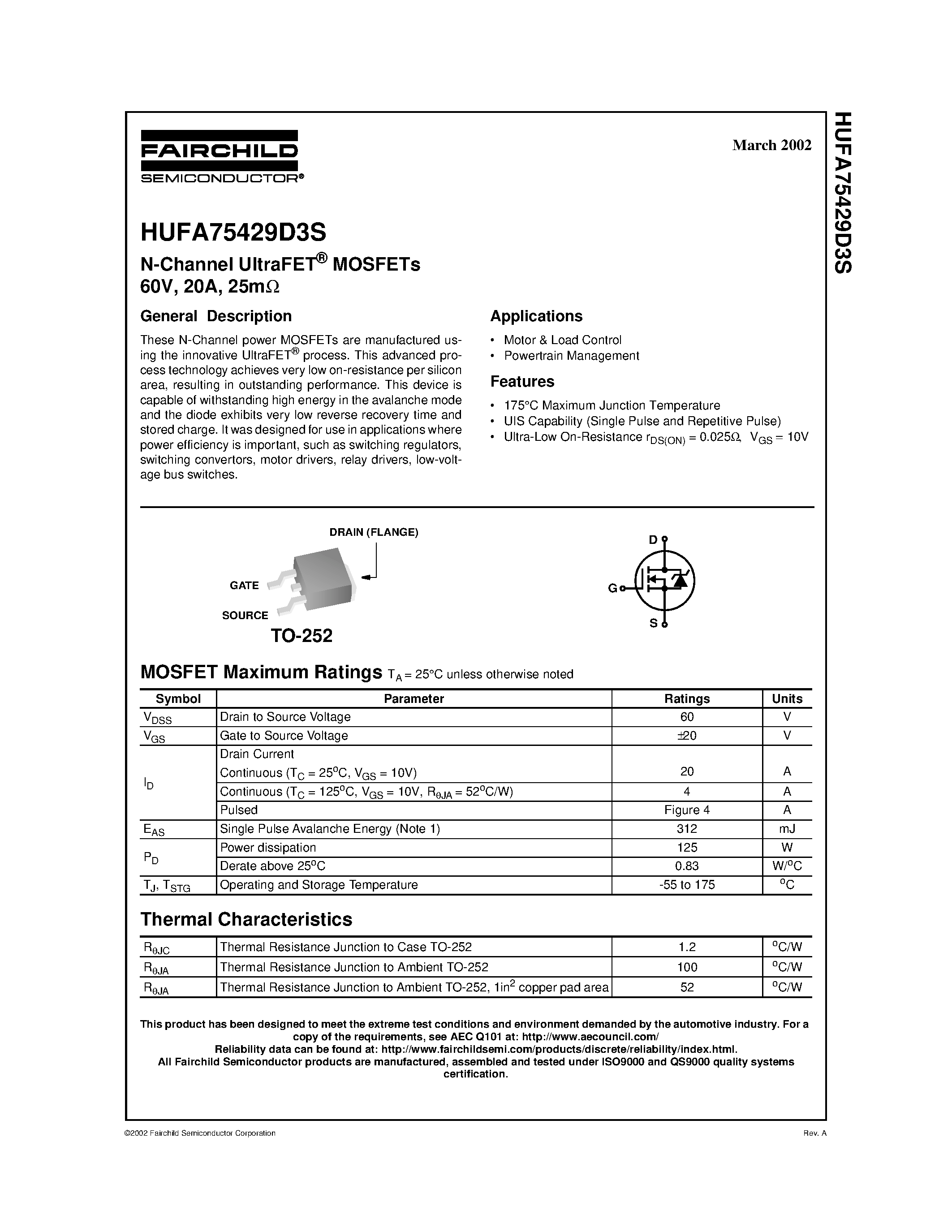 Datasheet HUFA75429D3S - N-Channel UltraFET MOSFETs 60V/ 20A/ 25m page 1