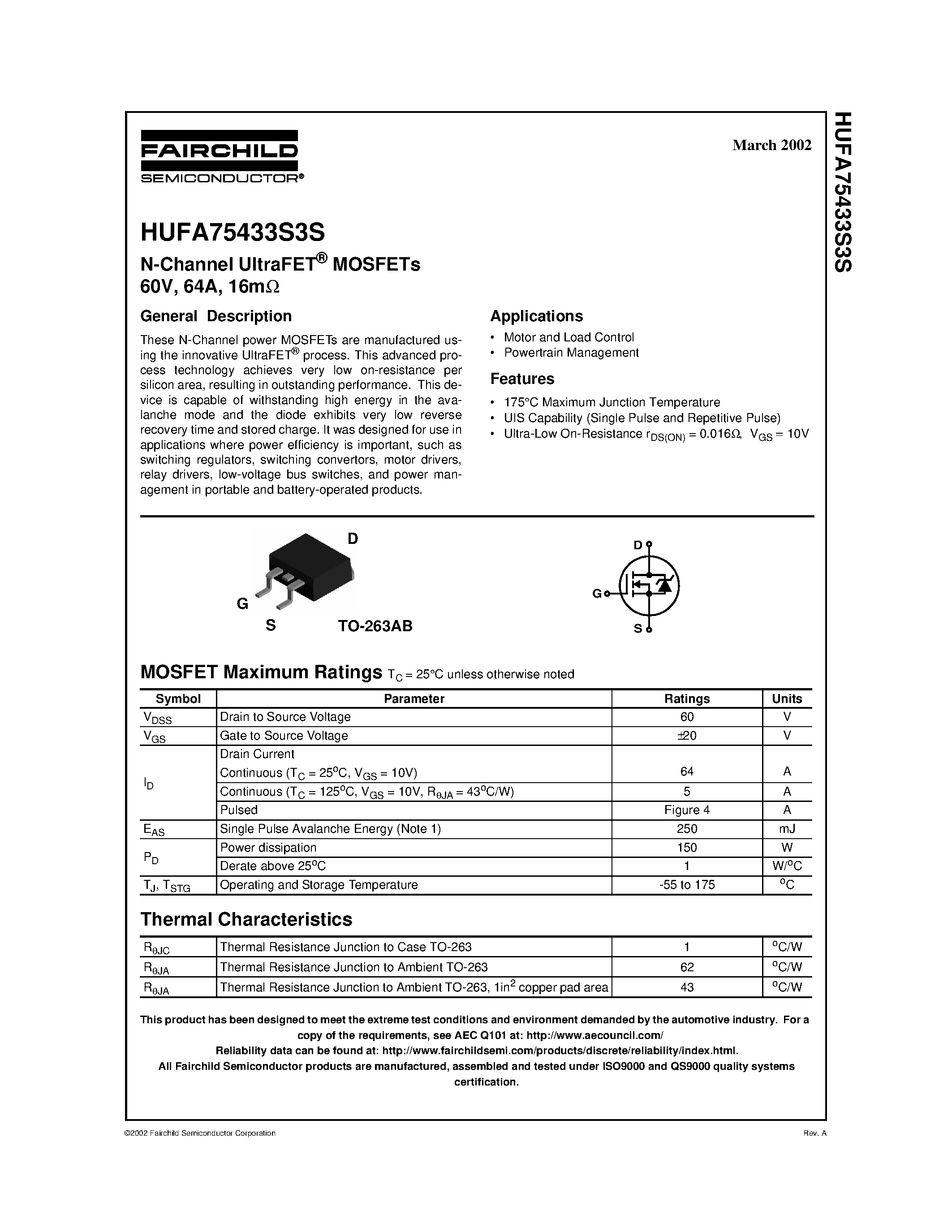 Datasheet HUFA75433S3S - N-Channel UltraFET MOSFETs 60V/ 64A/ 16m page 1