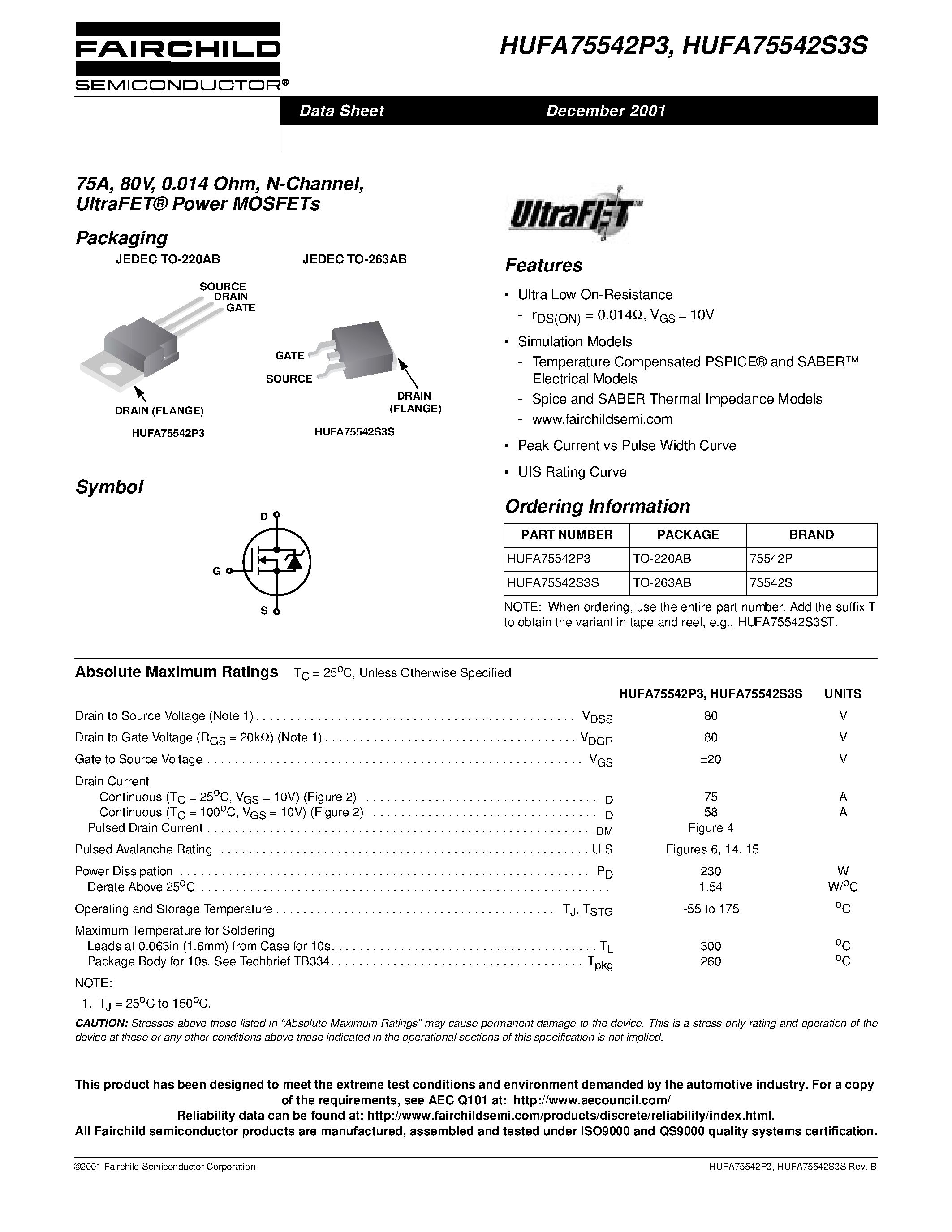 Datasheet HUFA75542S3S - 75A/ 80V/ 0.014 Ohm/ N-Channel/ UltraFET Power MOSFETs page 1
