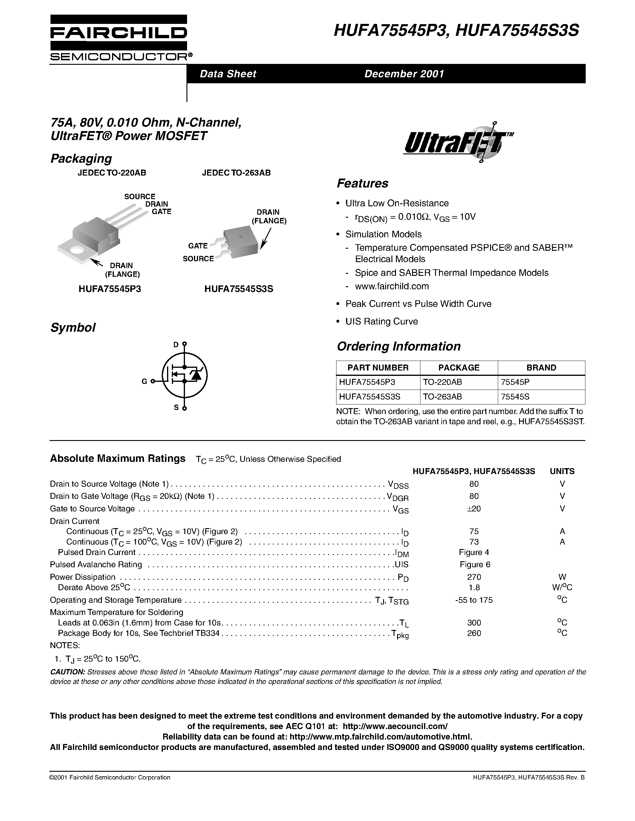 Datasheet HUFA75545P3 - 75A/ 80V/ 0.010 Ohm/ N-Channel/ UltraFET Power MOSFET page 1