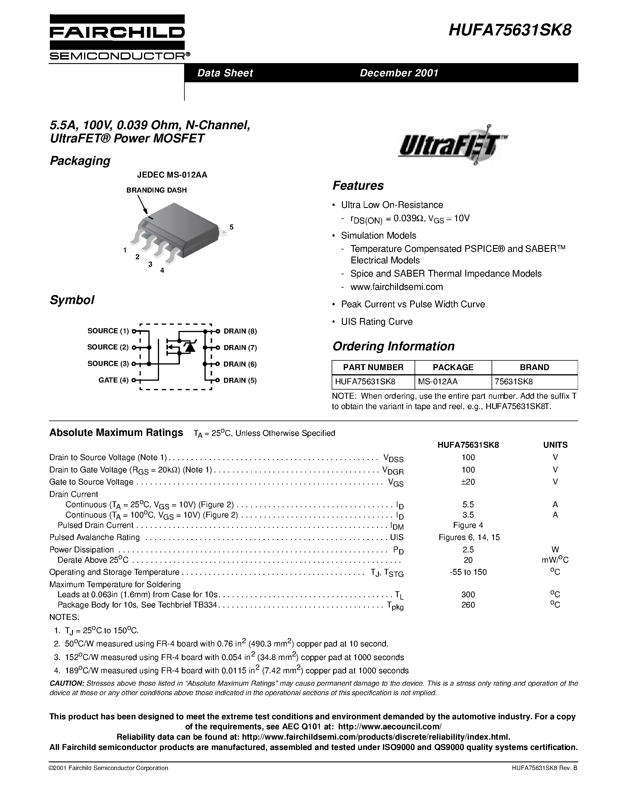 Datasheet HUFA75631SK8 - 5.5A/ 100V/ 0.039 Ohm/ N-Channel/ UltraFET Power MOSFET page 1