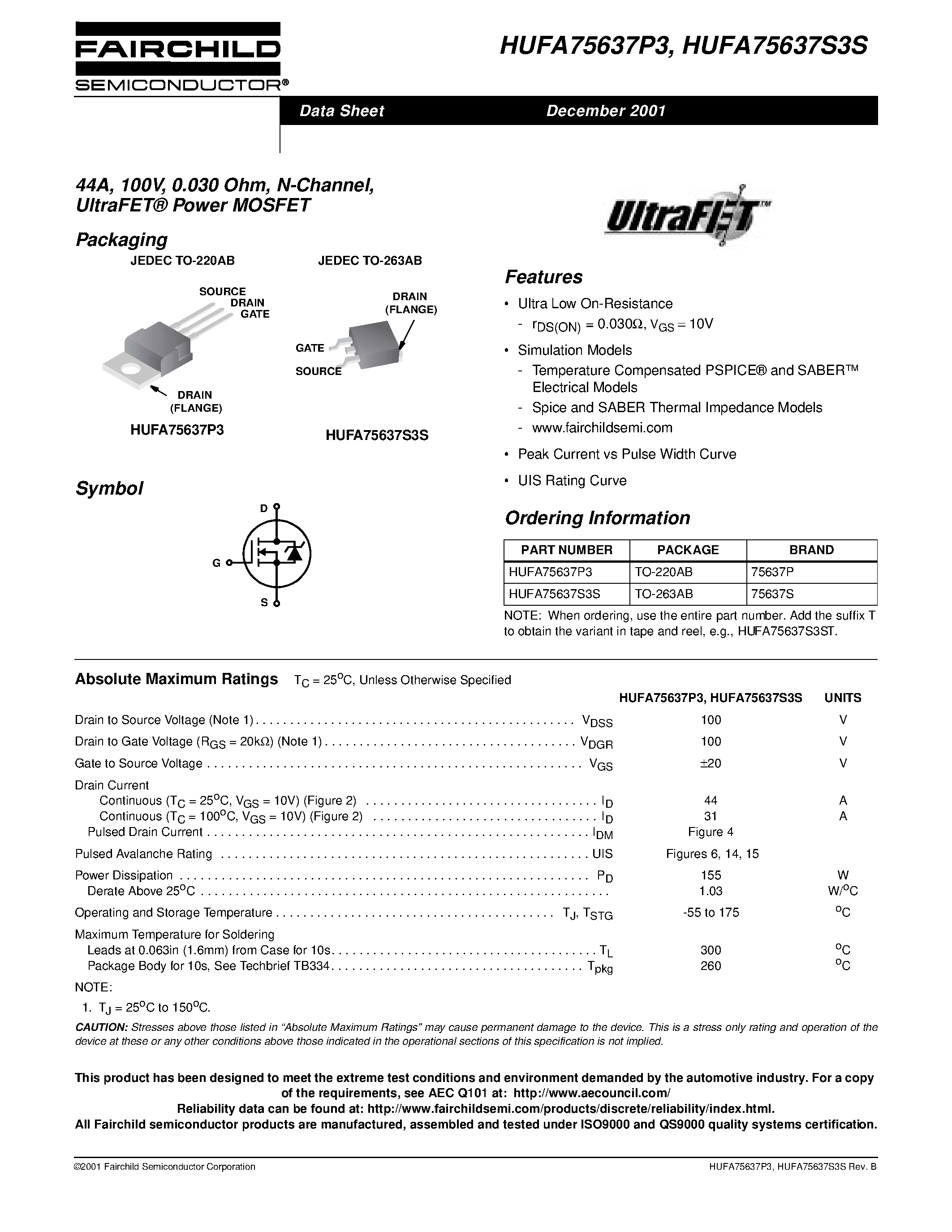 Datasheet HUFA75637S3S - 44A/ 100V/ 0.030 Ohm/ N-Channel/ UltraFET Power MOSFET page 1