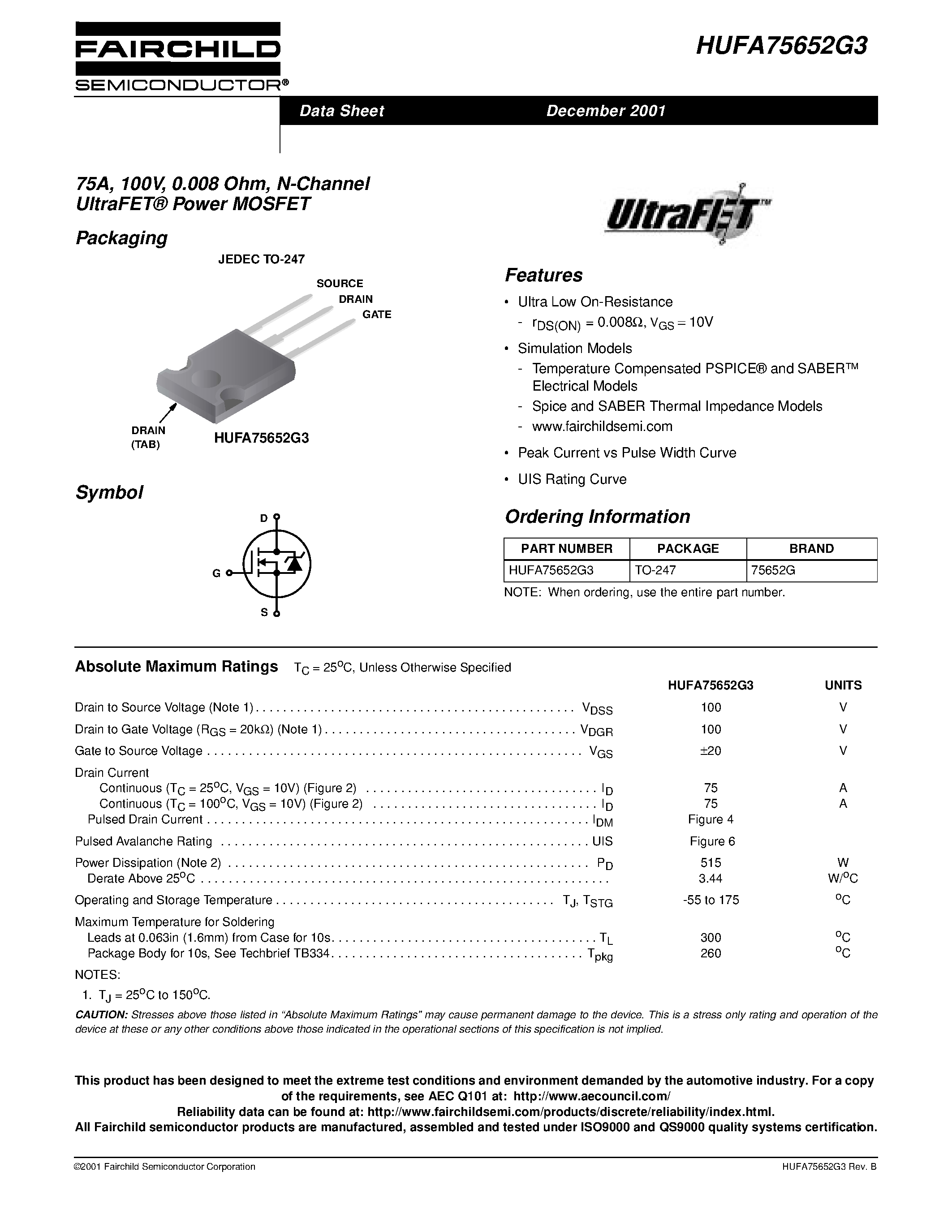 Datasheet HUFA75652G3 - 75A/ 100V/ 0.008 Ohm/ N-Channel UltraFET Power MOSFET page 1