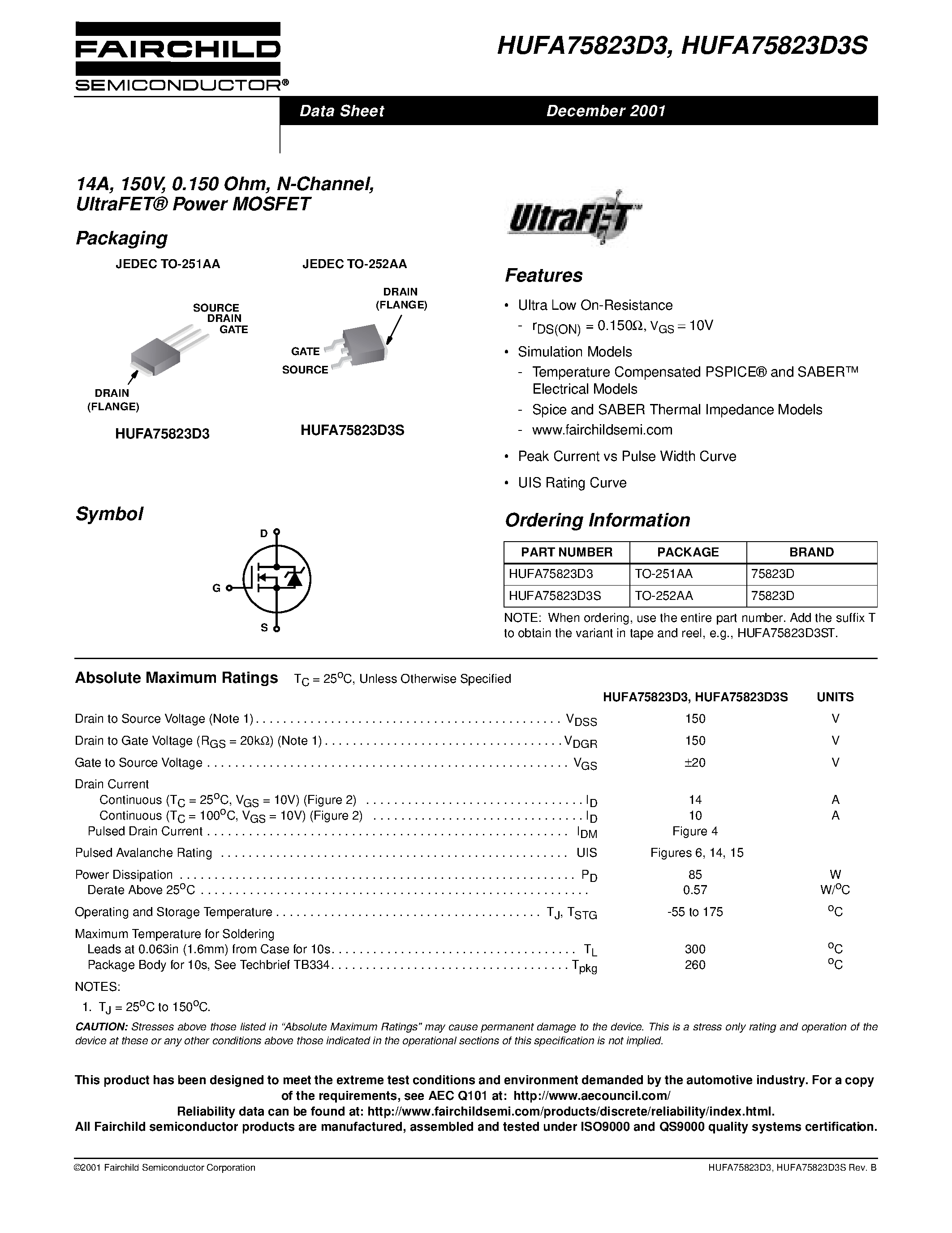 Datasheet HUFA75823D3 - 14A/ 150V/ 0.150 Ohm/ N-Channel/ UltraFET Power MOSFET page 1