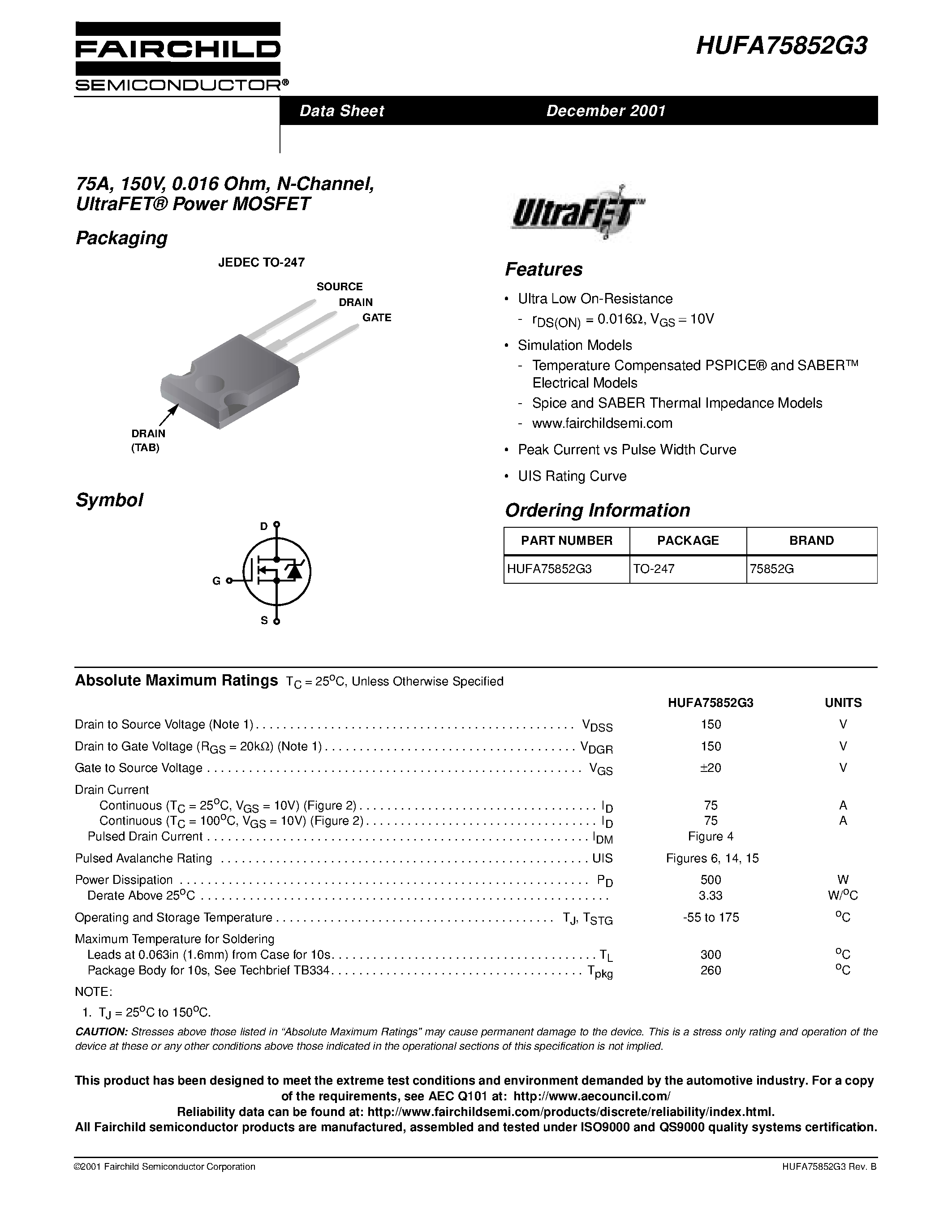 Даташит HUFA75852G3 - 75A/ 150V/ 0.016 Ohm/ N-Channel/ UltraFET Power MOSFET страница 1
