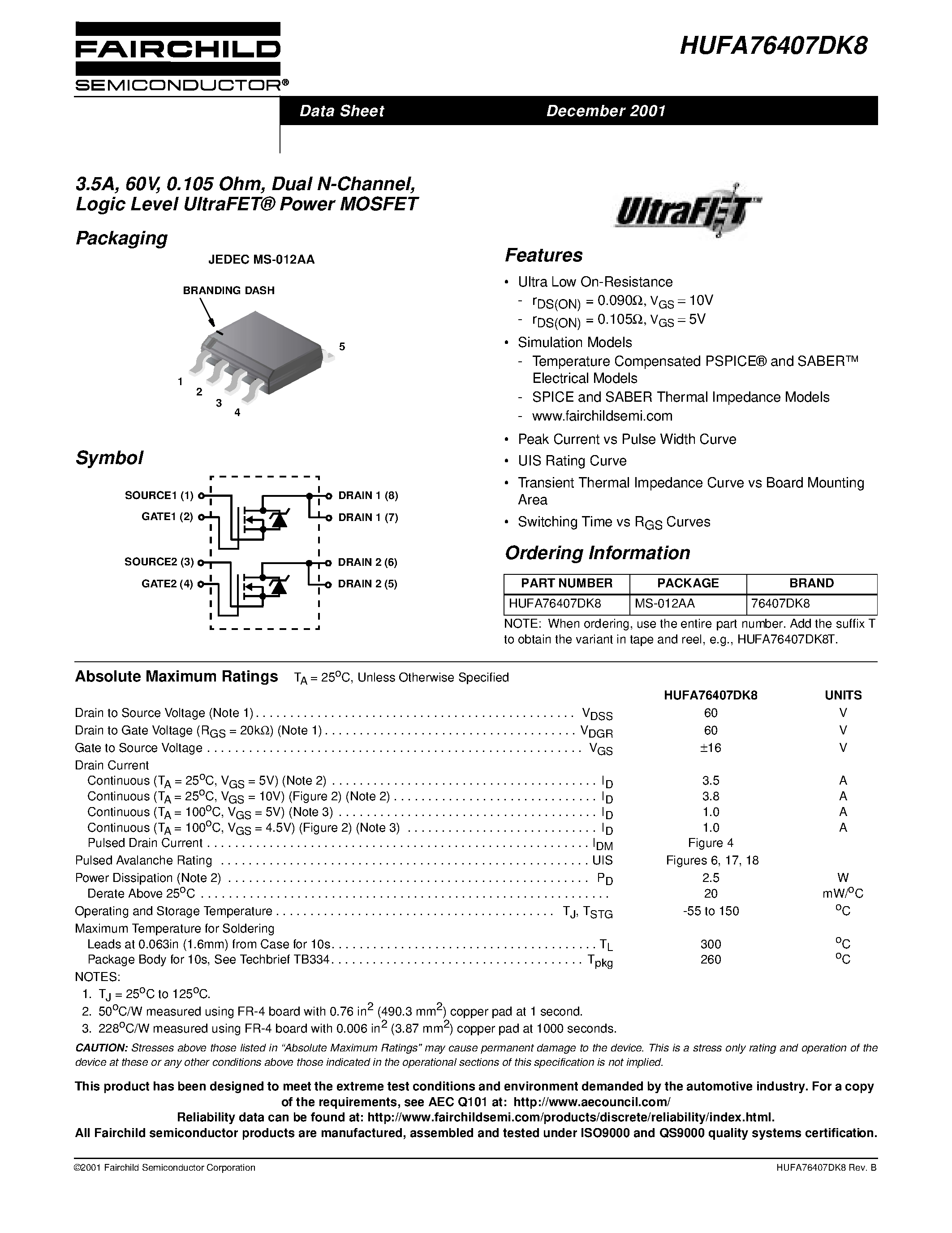 Даташит HUFA76407DK8 - 3.5A/ 60V/ 0.105 Ohm/ Dual N-Channel/ Logic Level UltraFET Power MOSFET страница 1