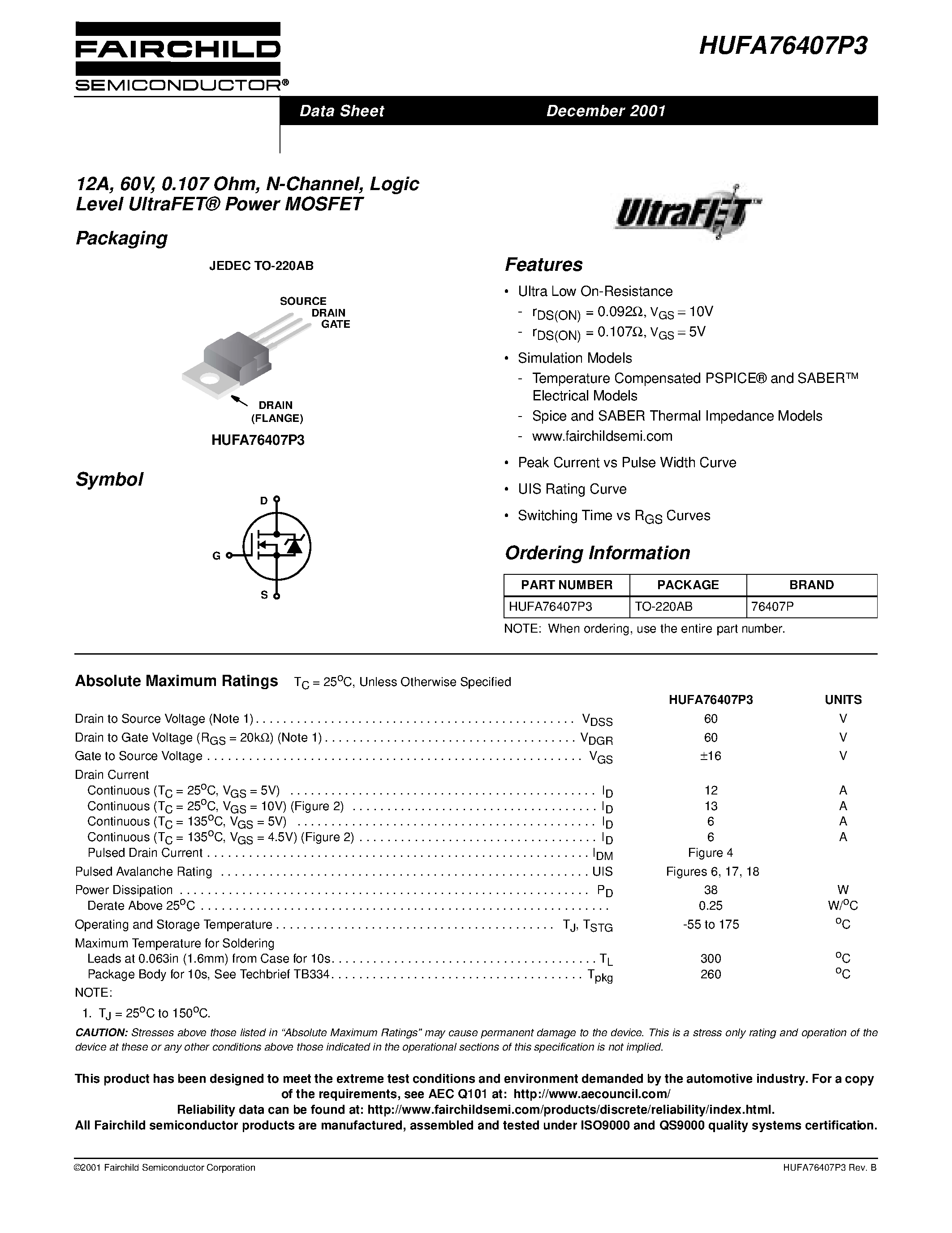 Даташит HUFA76407P3 - 12A/ 60V/ 0.107 Ohm/ N-Channel/ Logic Level UltraFET Power MOSFET страница 1