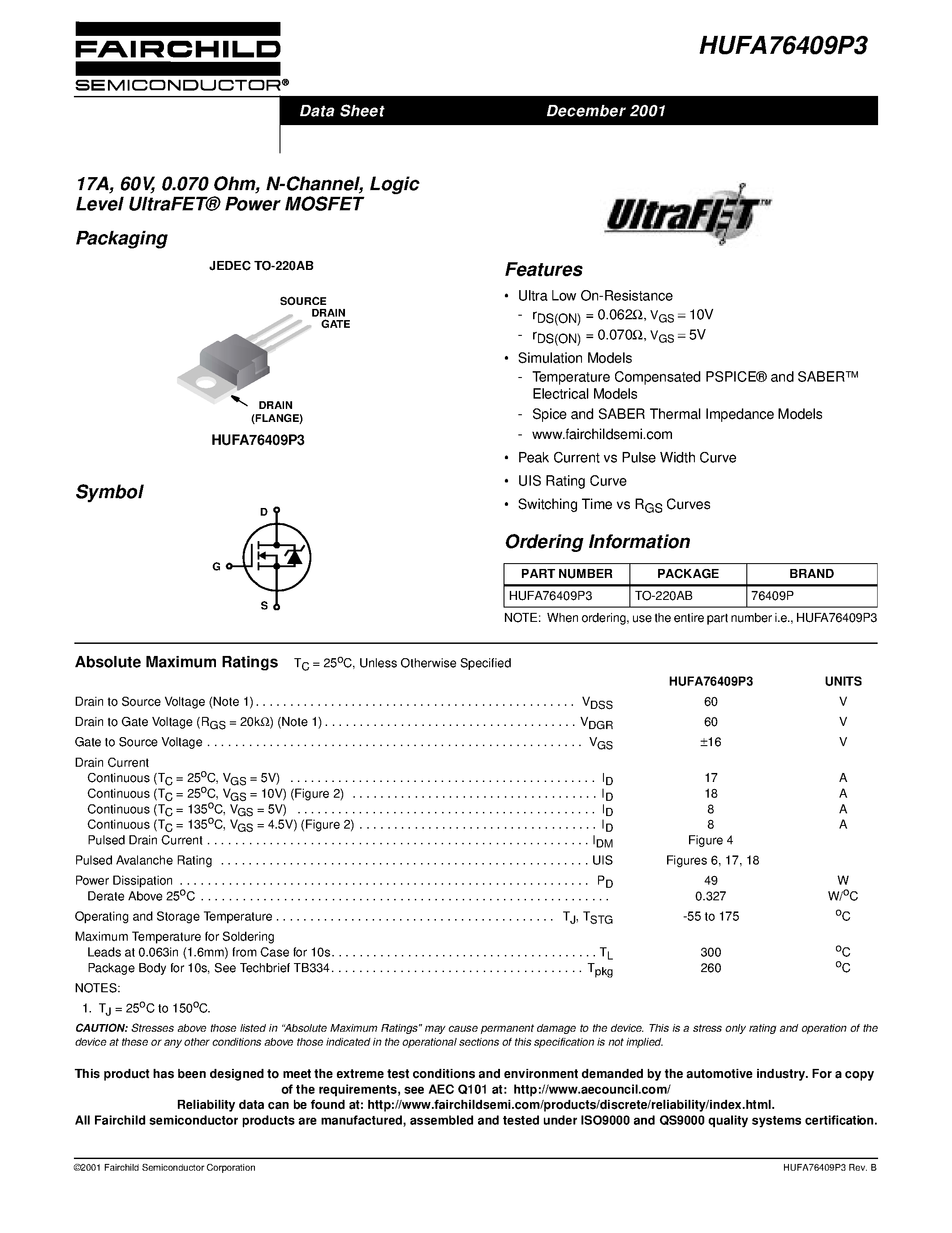 Datasheet HUFA76409P3 - 17A/ 60V/ 0.070 Ohm/ N-Channel/ Logic Level UltraFET Power MOSFET page 1