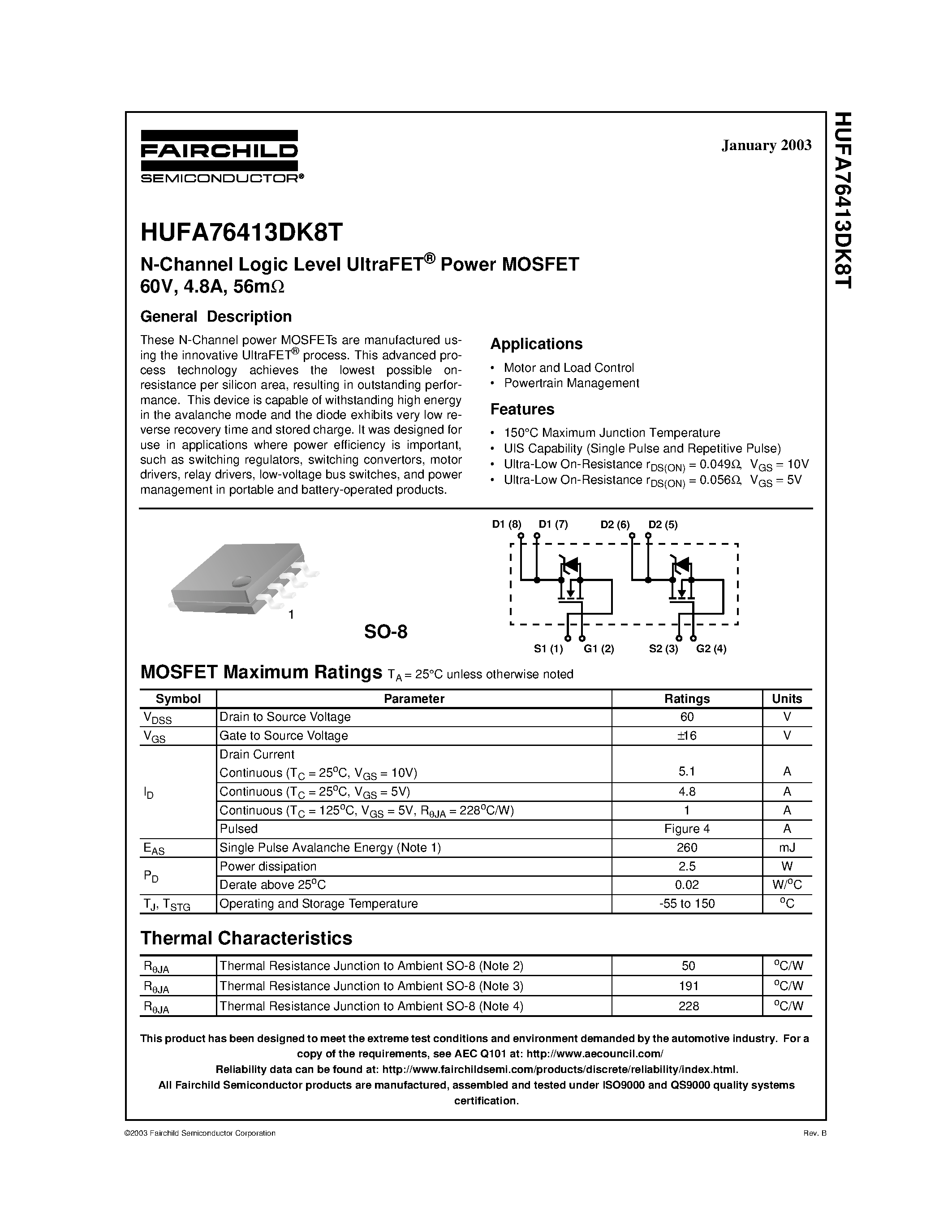 Даташит HUFA76413DK8T - N-Channel Logic Level UltraFET Power MOSFET 60V/ 4.8A/ 56m страница 1