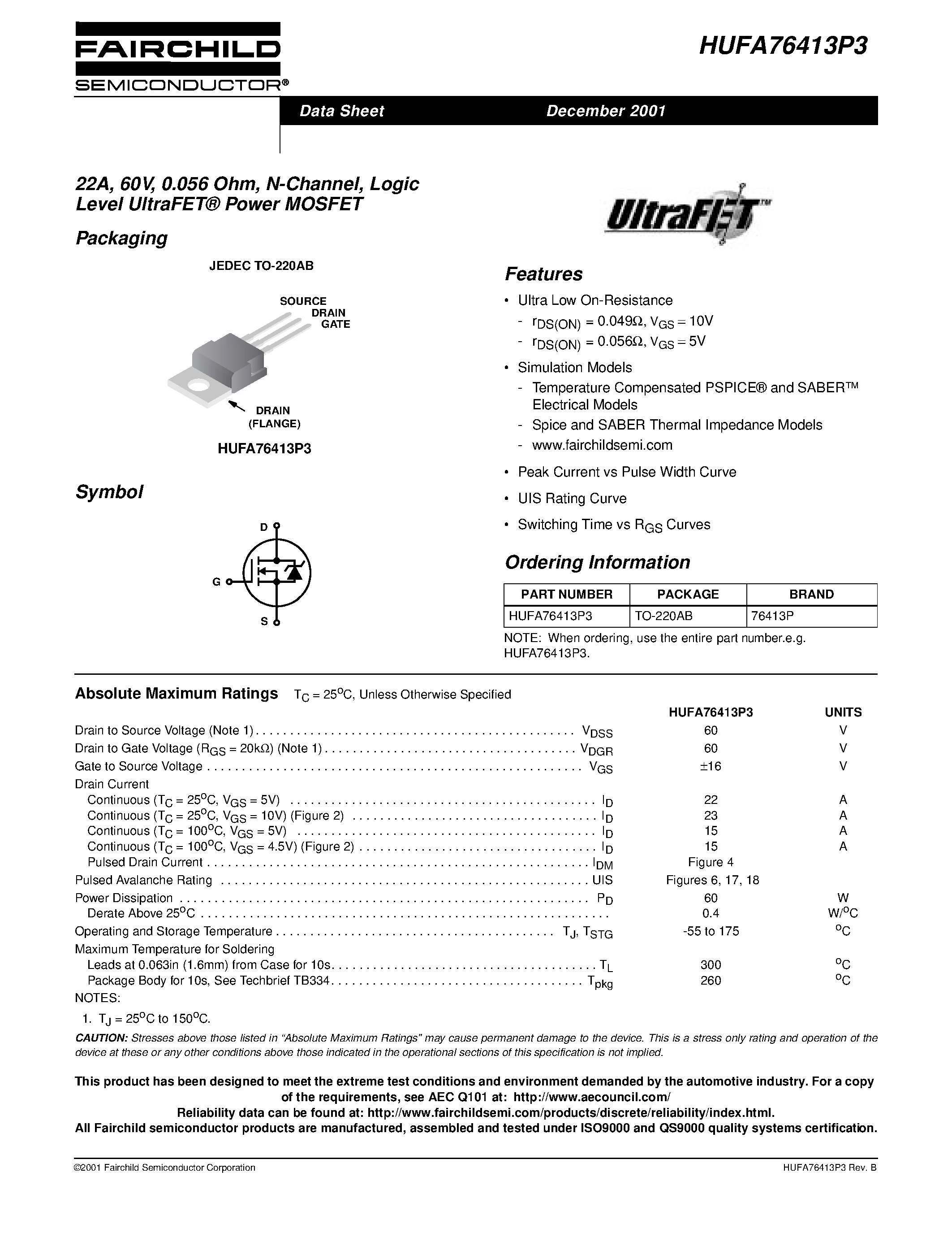 Даташит HUFA76413P3 - 22A/ 60V/ 0.056 Ohm/ N-Channel/ Logic Level UltraFET Power MOSFET страница 1