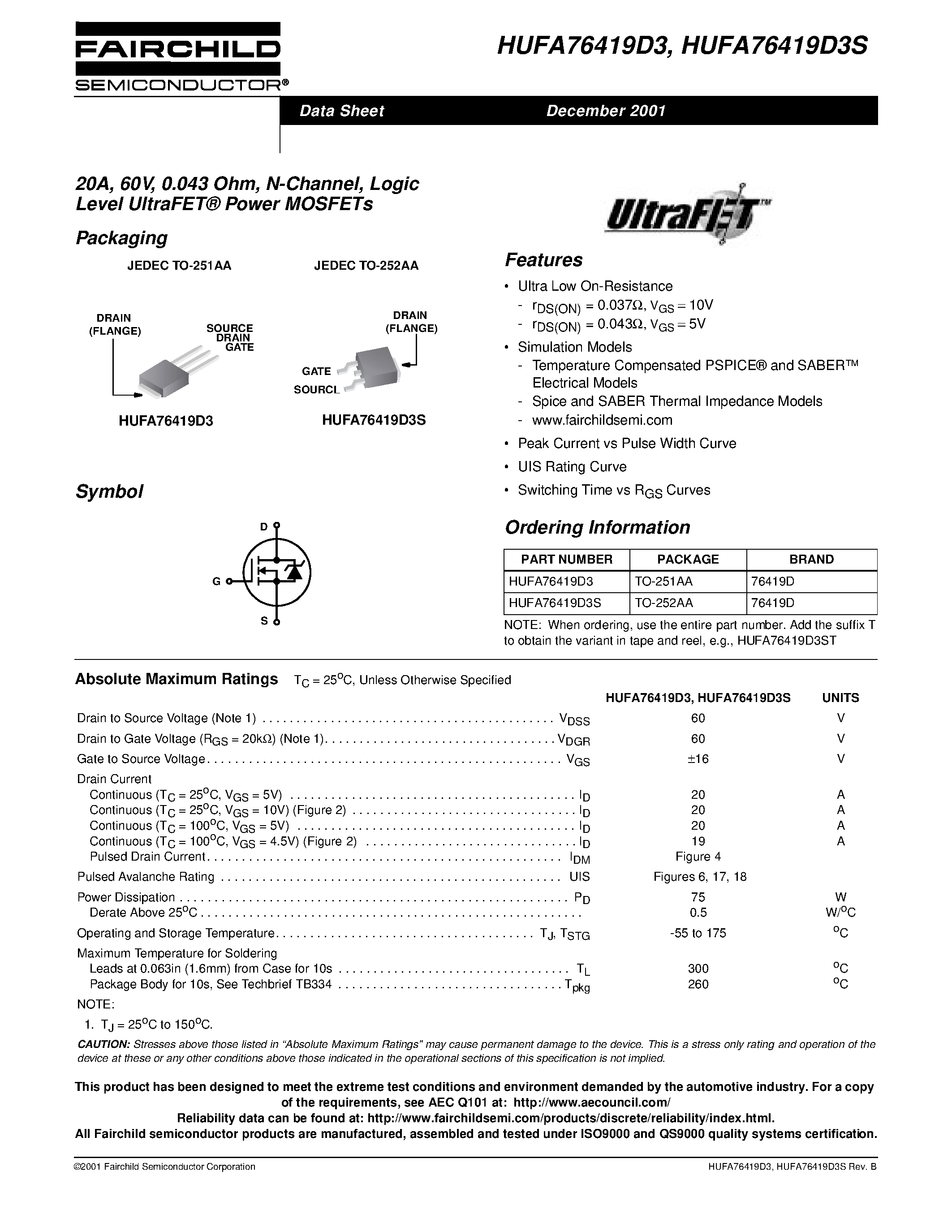 Даташит HUFA76419D3S - 20A/ 60V/ 0.043 Ohm/ N-Channel/ Logic Level UltraFET Power MOSFETs страница 1
