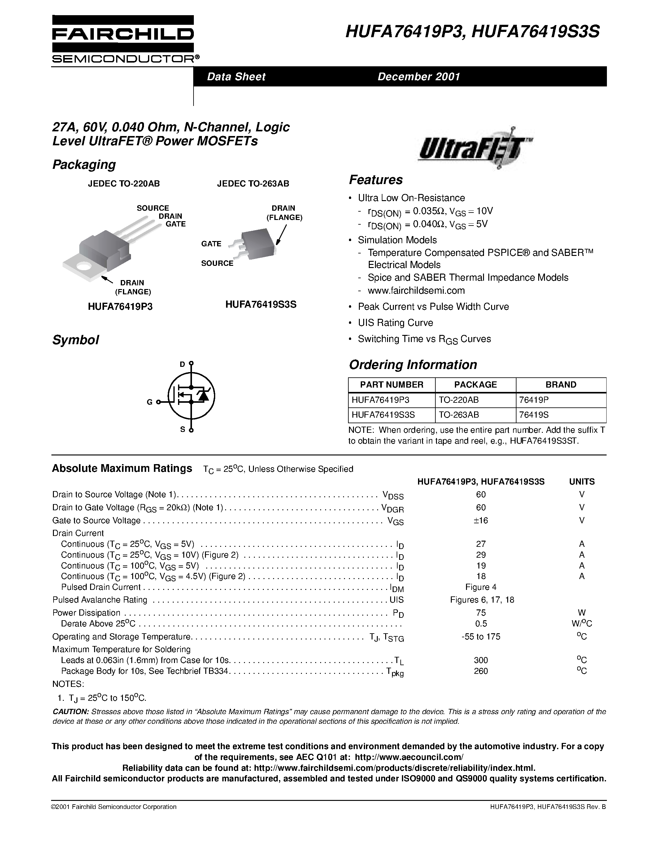 Даташит HUFA76419P3 - 27A/ 60V/ 0.040 Ohm/ N-Channel/ Logic Level UltraFET Power MOSFETs страница 1