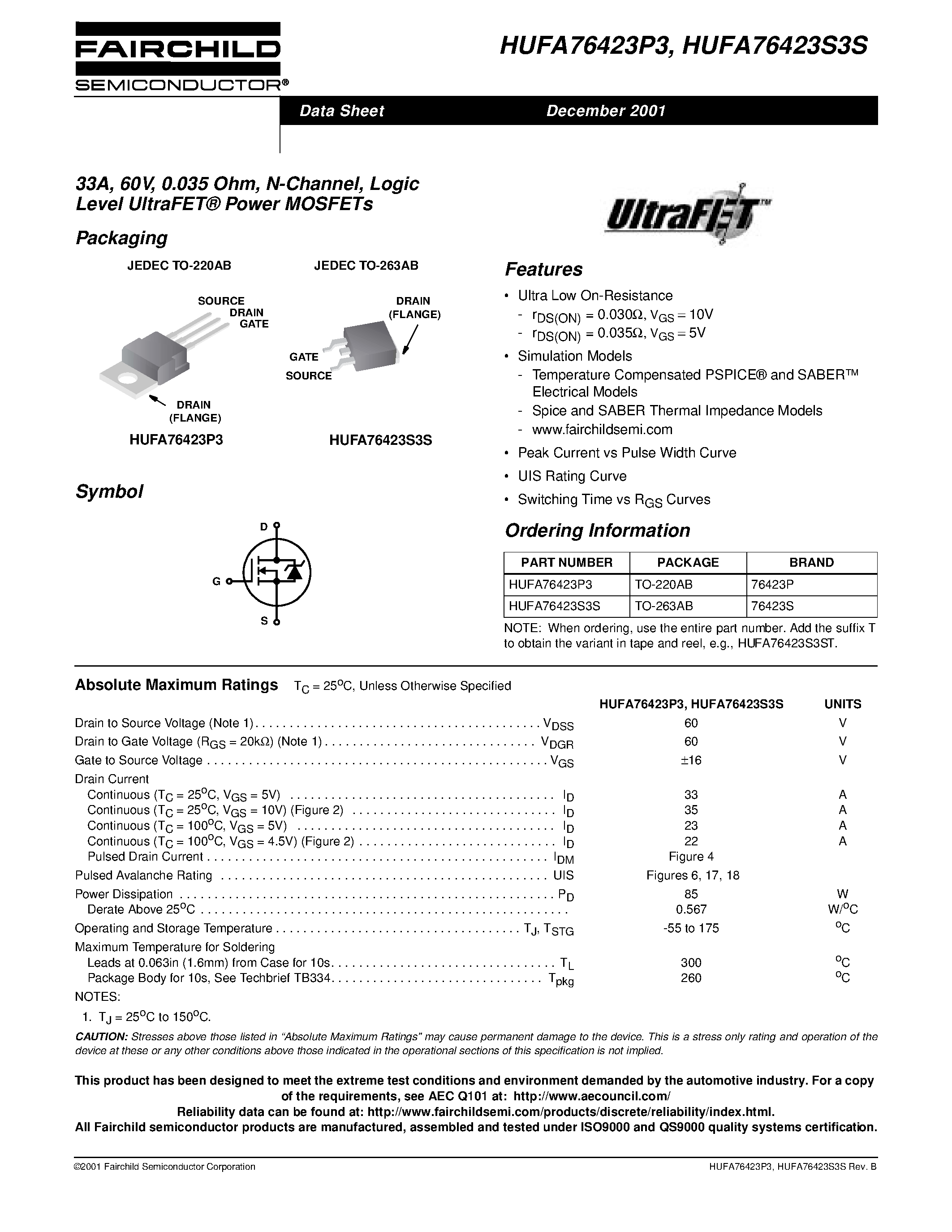 Даташит HUFA76423P3 - 33A/ 60V/ 0.035 Ohm/ N-Channel/ Logic Level UltraFET Power MOSFETs страница 1