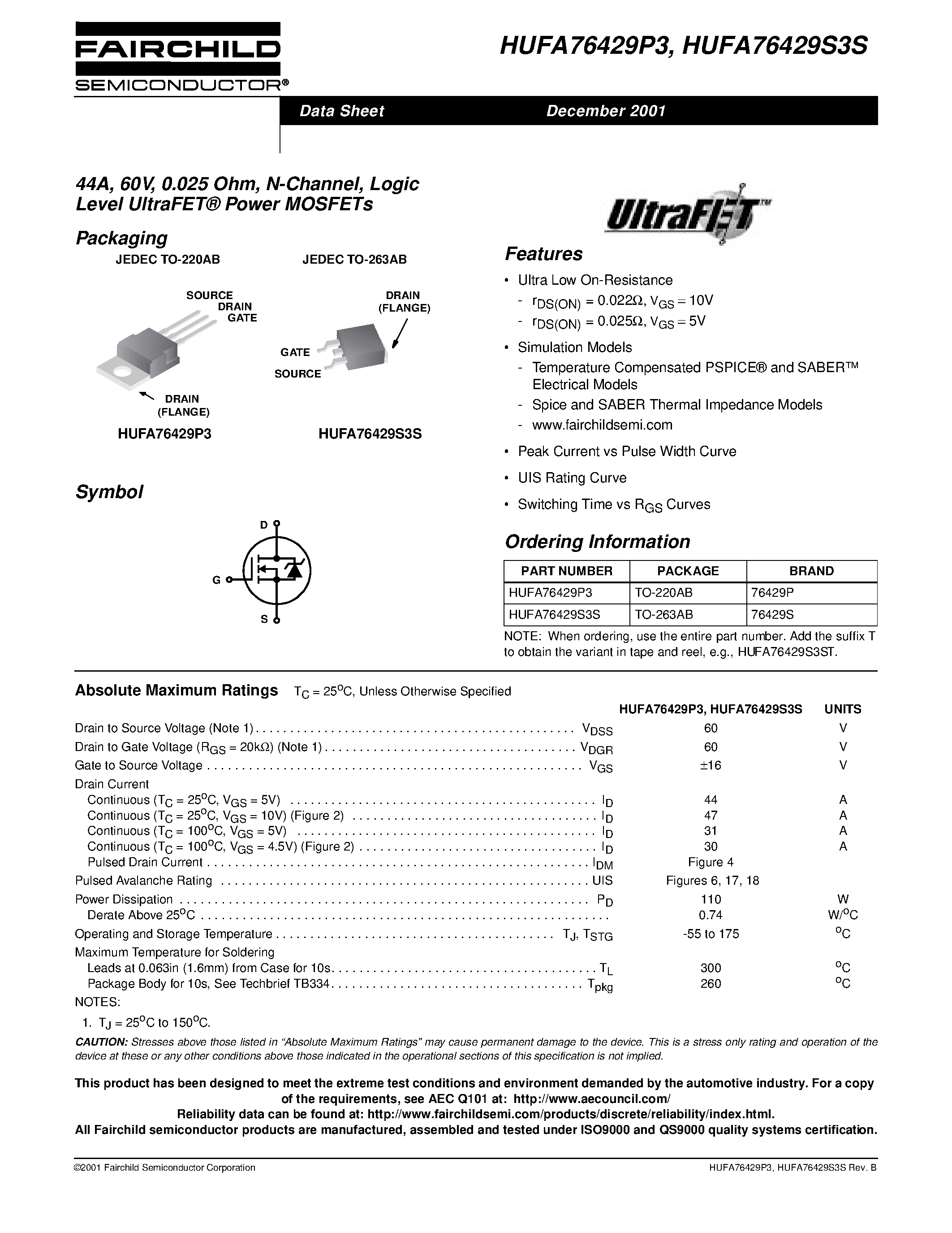 Даташит HUFA76429P3 - 44A/ 60V/ 0.025 Ohm/ N-Channel/ Logic Level UltraFET Power MOSFETs страница 1