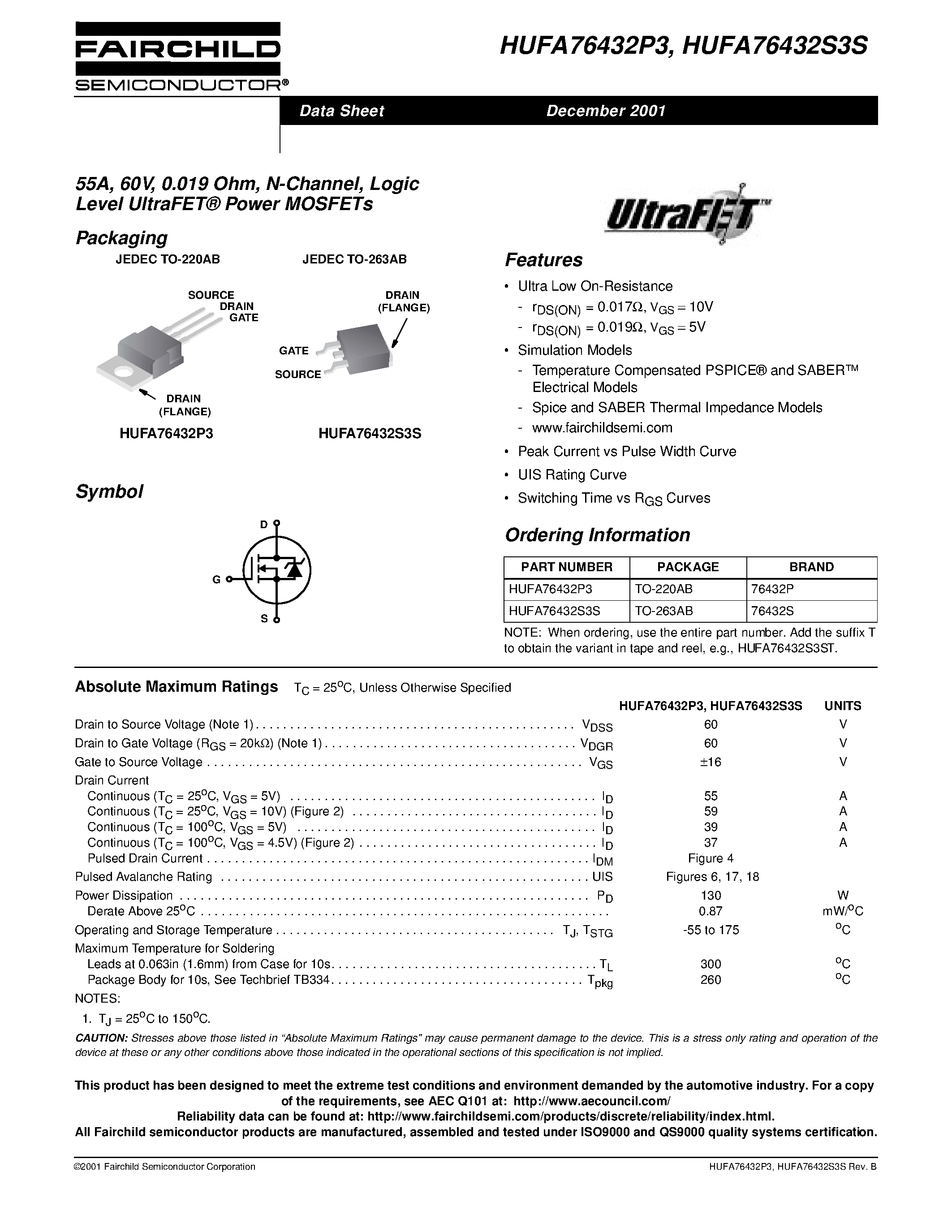 Даташит HUFA76432S3S - 55A/ 60V/ 0.019 Ohm/ N-Channel/ Logic Level UltraFET Power MOSFETs страница 1