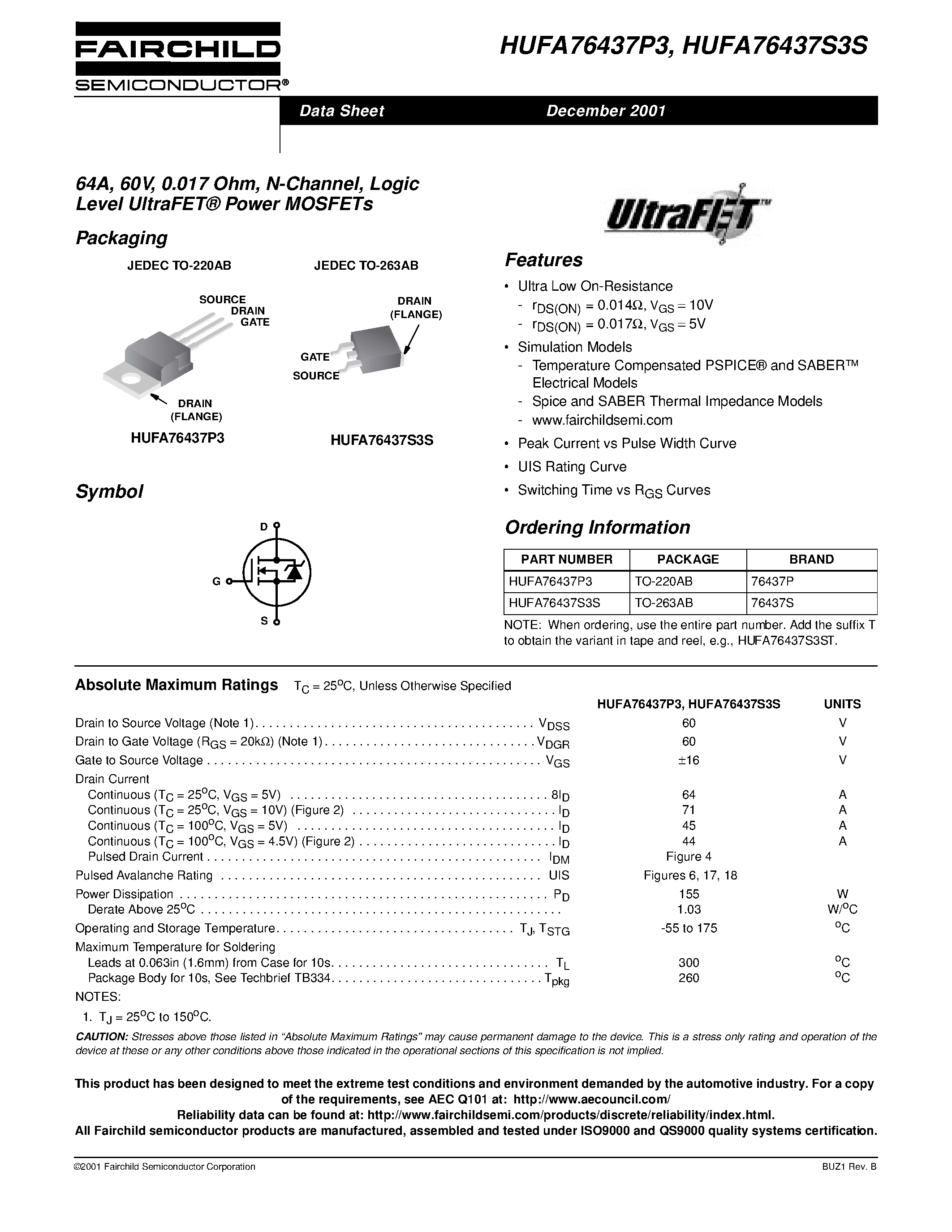 Даташит HUFA76437P3 - 64A/ 60V/ 0.017 Ohm/ N-Channel/ Logic Level UltraFET Power MOSFETs страница 1
