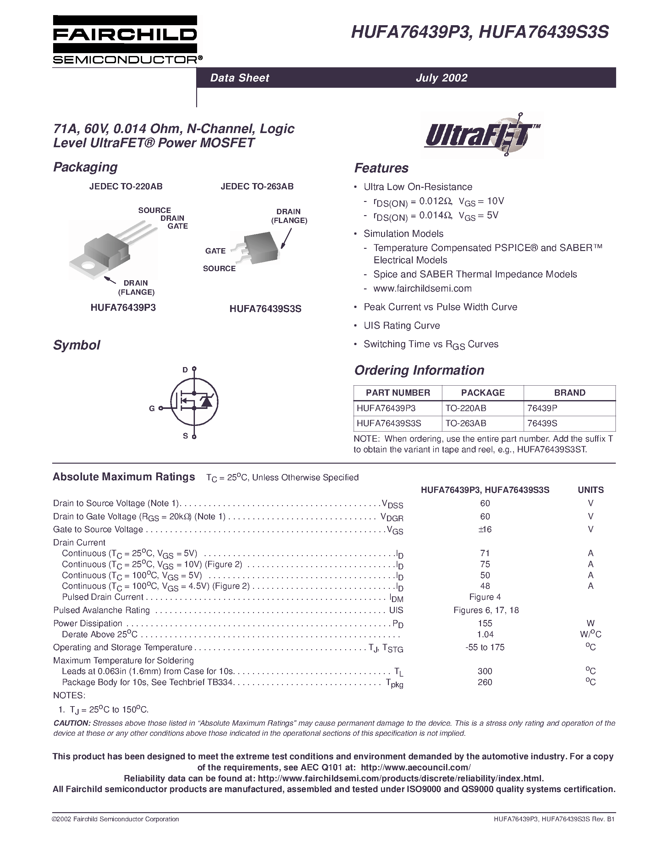 Даташит HUFA76439S3S - 71A/ 60V/ 0.014 Ohm/ N-Channel/ Logic Level UltraFET Power MOSFET страница 1