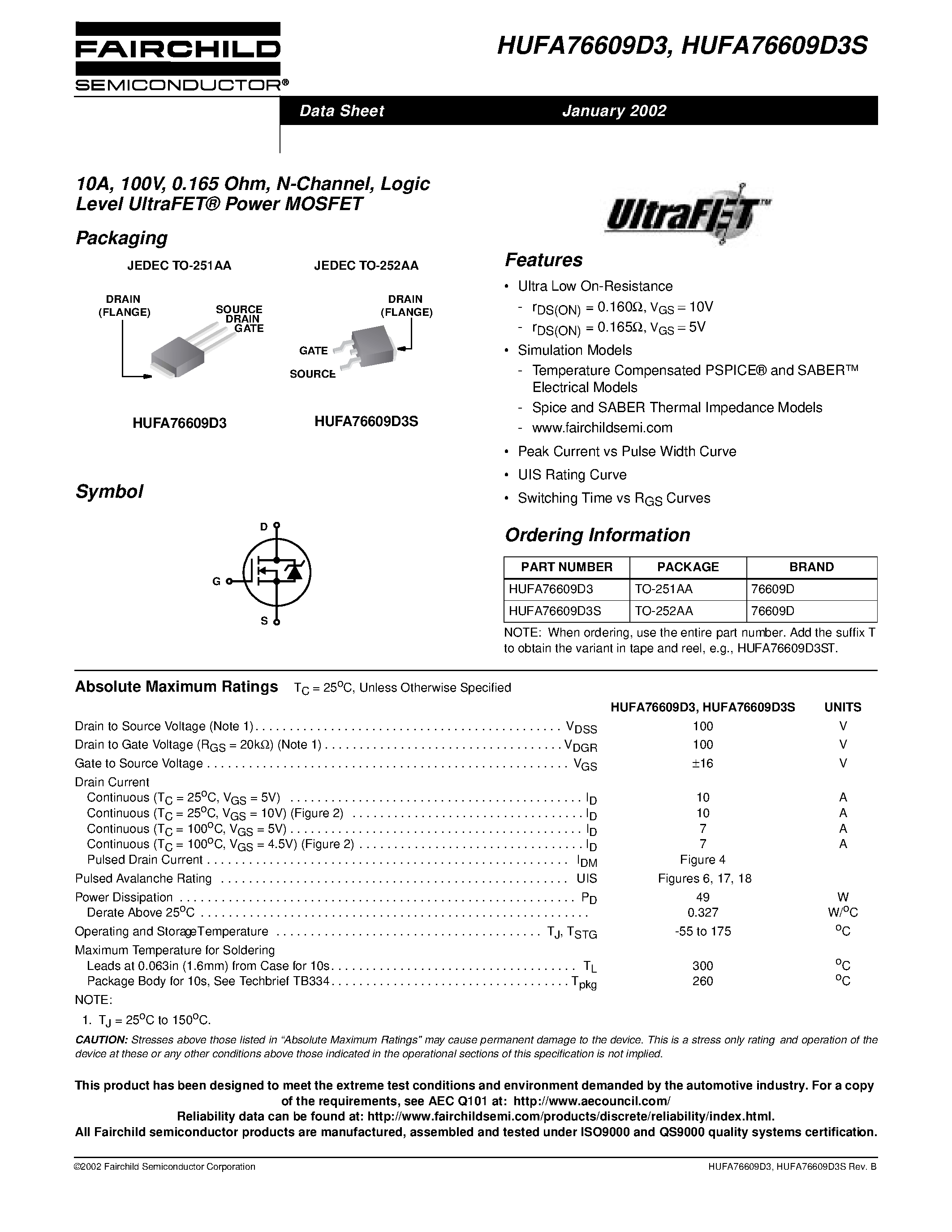 Datasheet HUFA76609D3S - 10A/ 100V/ 0.165 Ohm/ N-Channel/ Logic Level UltraFET Power MOSFET page 1