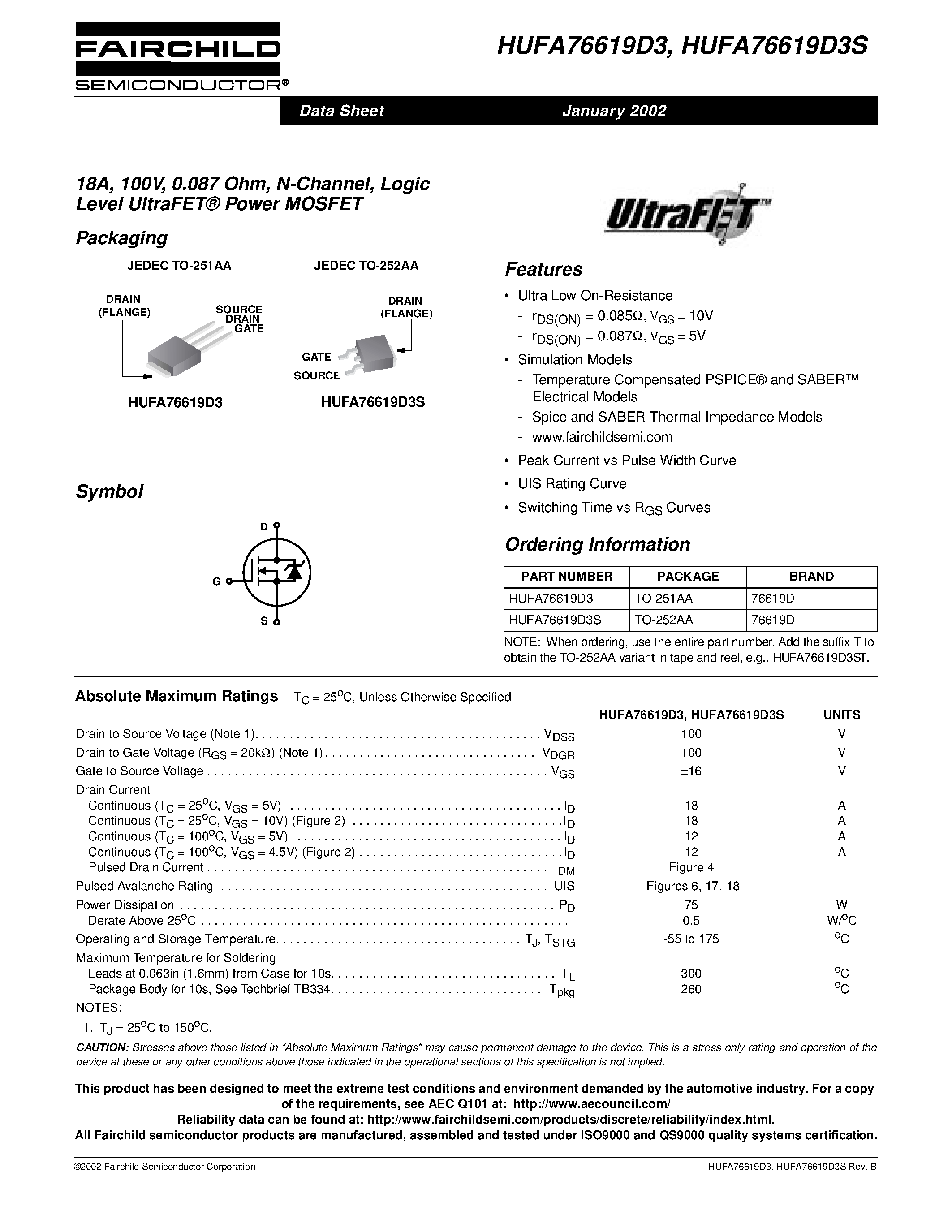 Datasheet HUFA76619D3 - 18A/ 100V/ 0.087 Ohm/ N-Channel/ Logic Level UltraFET Power MOSFET page 1