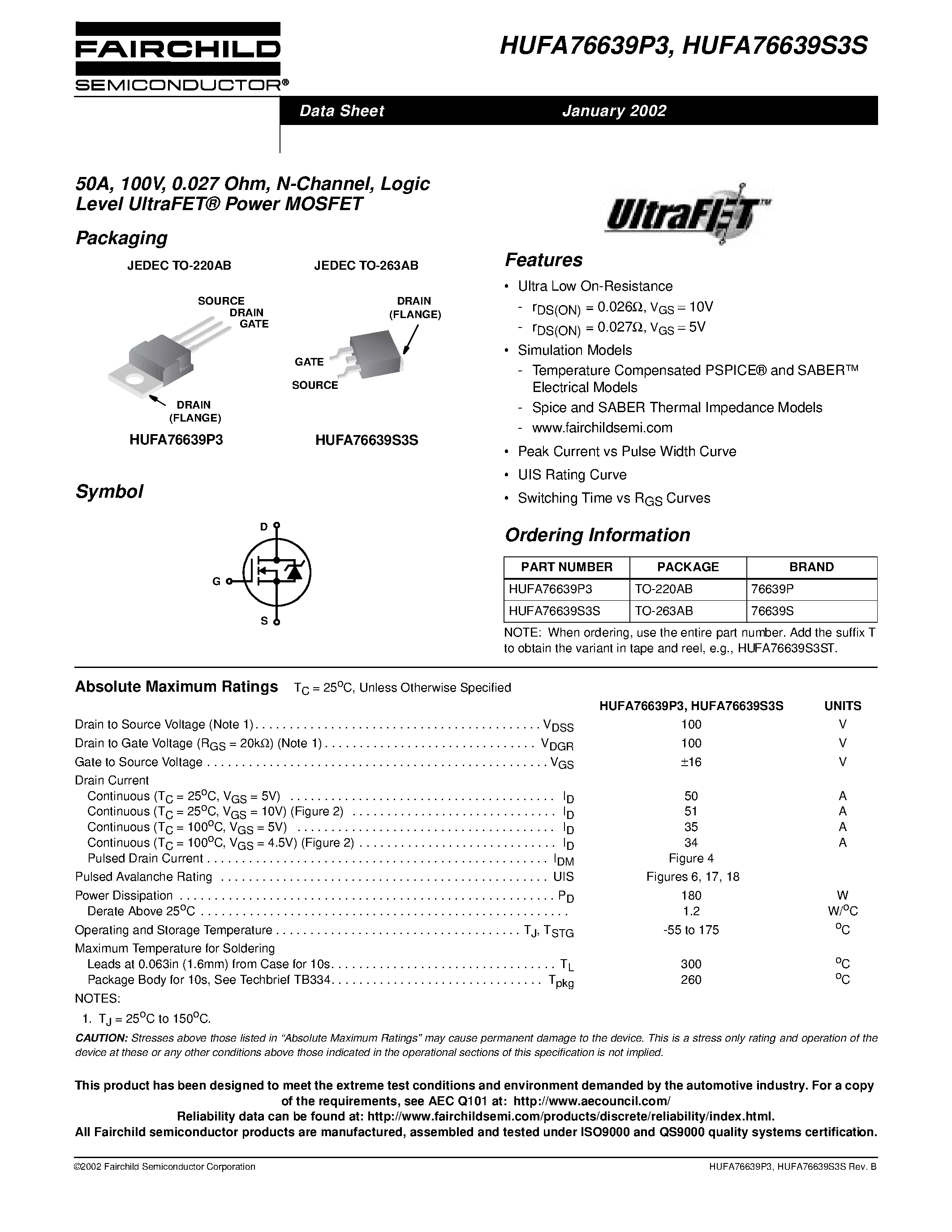 Datasheet HUFA76639S3S - 50A/ 100V/ 0.027 Ohm/ N-Channel/ Logic Level UltraFET Power MOSFET page 1