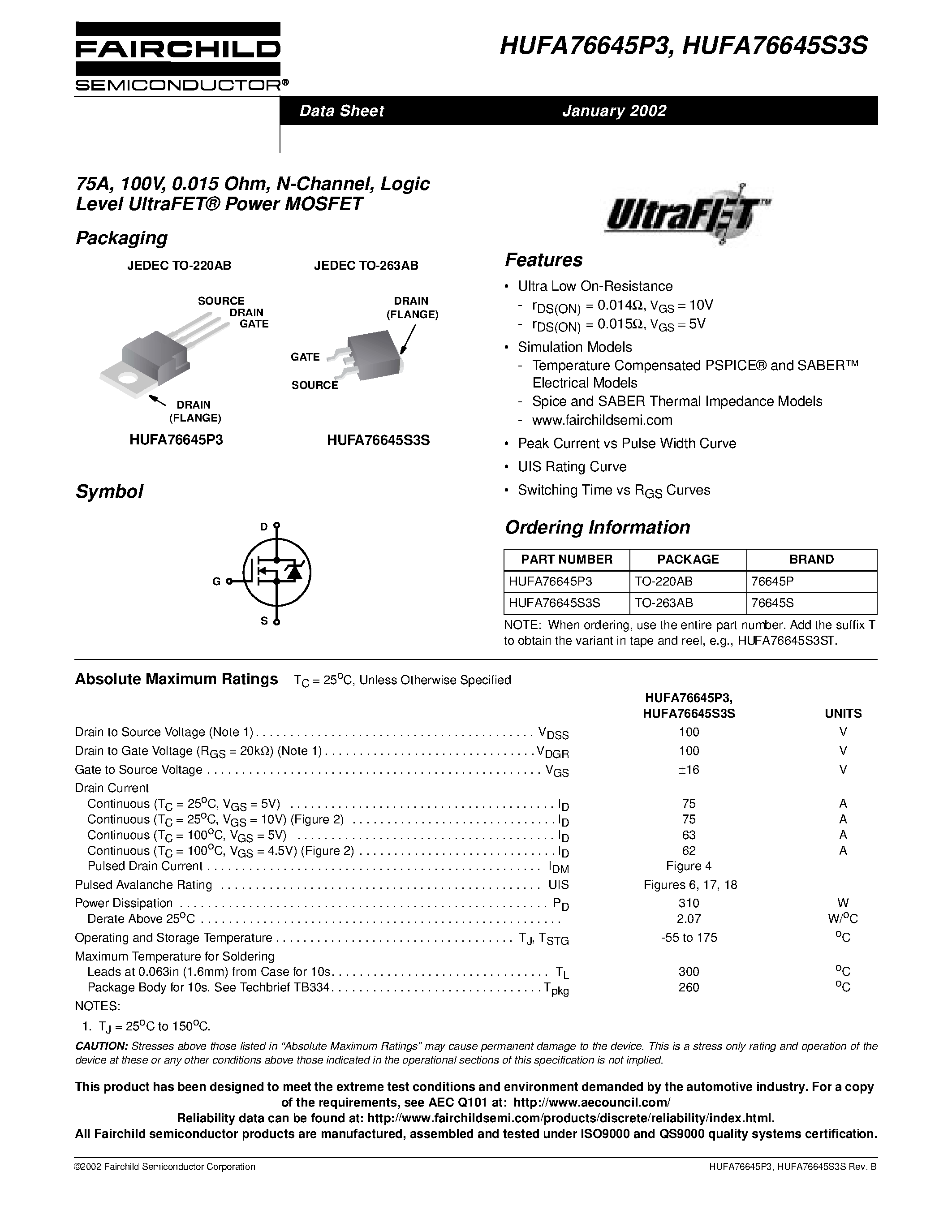 Datasheet HUFA76645S3S - 75A/ 100V/ 0.015 Ohm/ N-Channel/ Logic Level UltraFET Power MOSFET page 1