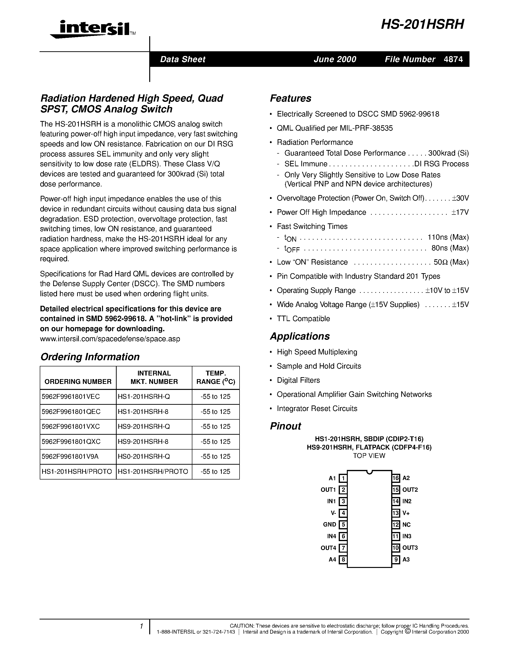 Даташит HS0-201HSRH-Q - Radiation Hardened High Speed/ Quad SPST/ CMOS Analog Switch страница 1