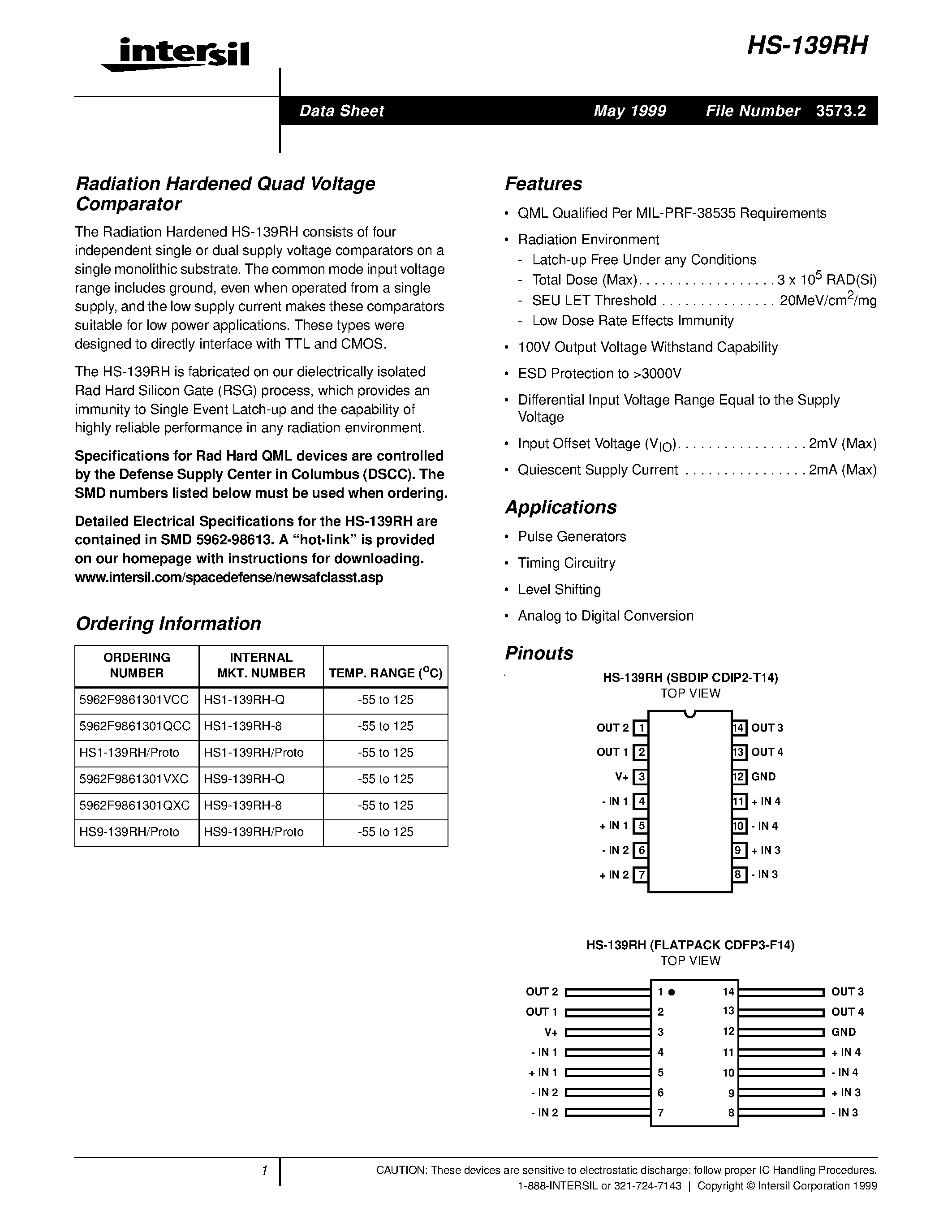 Даташит HS1-139RH-Q - Radiation Hardened Quad Voltage Comparator страница 1
