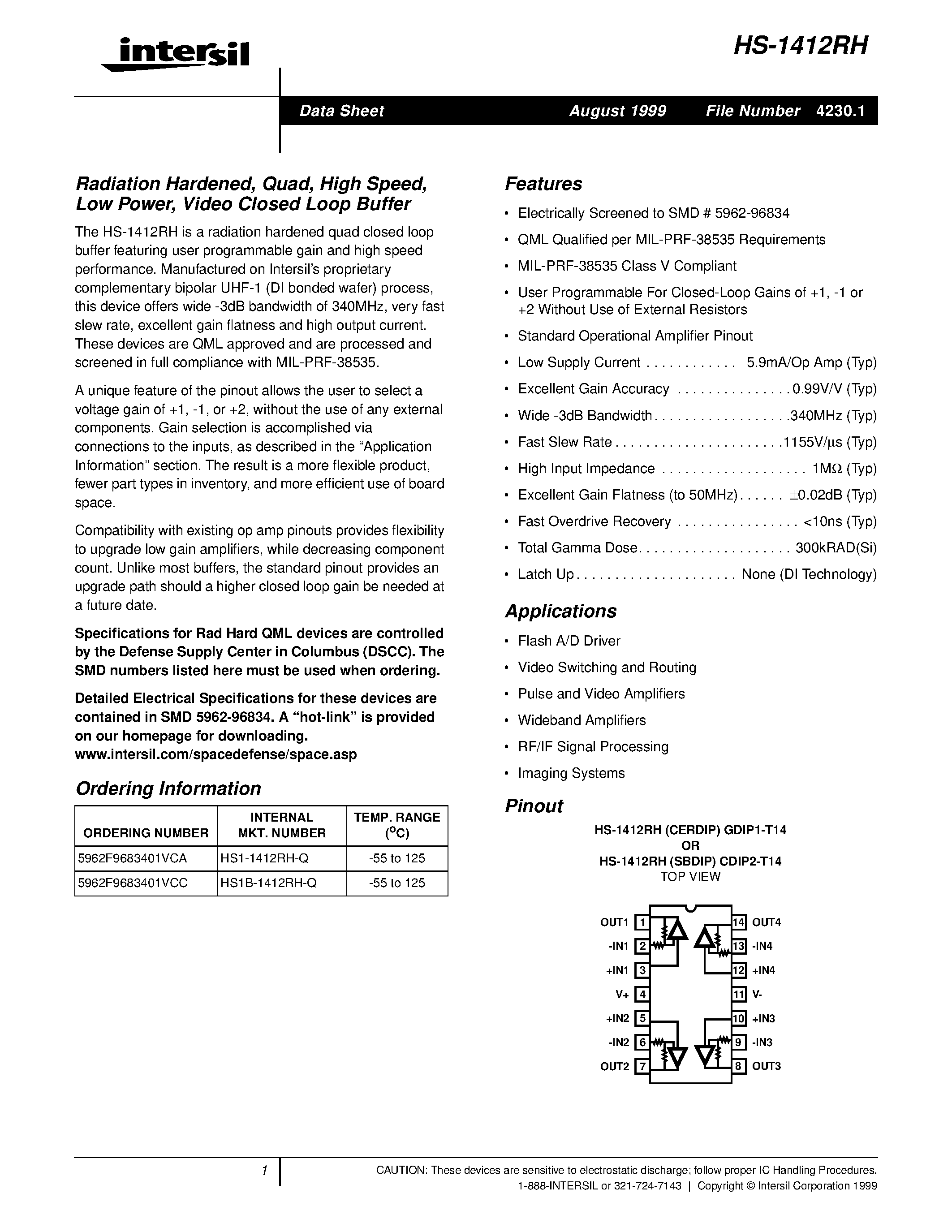 Даташит HS1-1412RH-Q - Radiation Hardened/ Quad/ High Speed/ Low Power/ Video Closed Loop Buffer страница 1