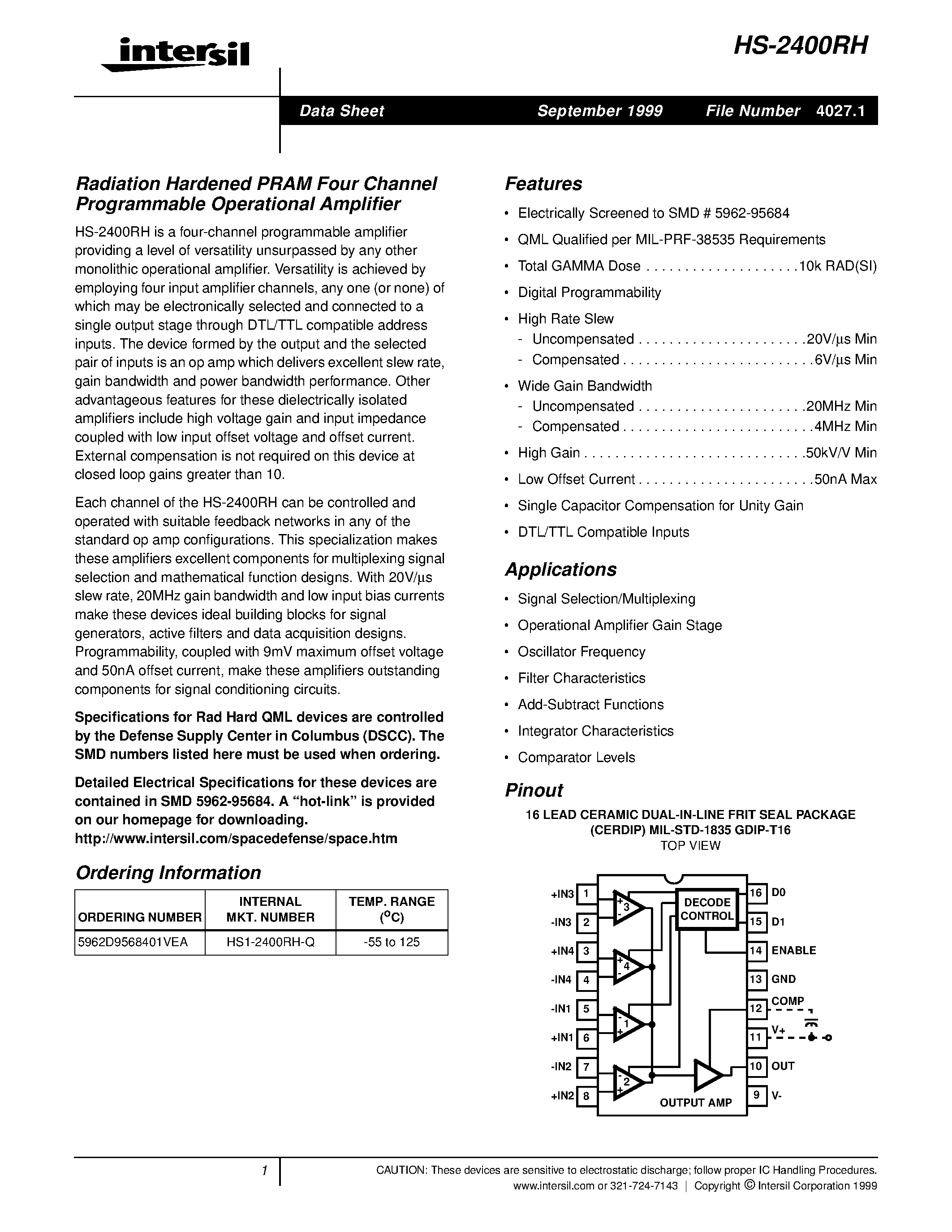 Даташит HS1-2400RH-Q - Radiation Hardened PRAM Four Channel Programmable Operational Amplifier страница 1