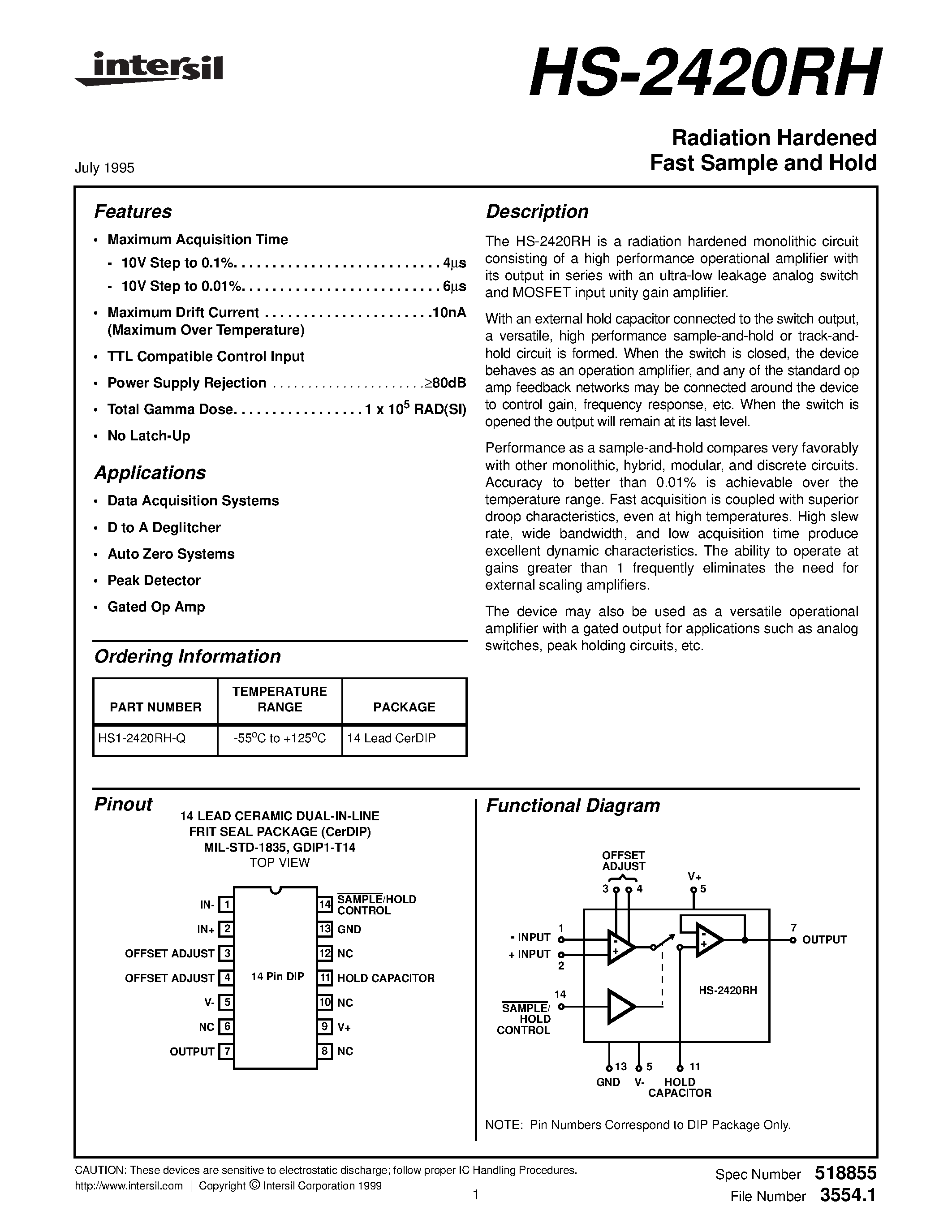 Datasheet HS1-2420RH-Q - Radiation Hardened Fast Sample and Hold page 1