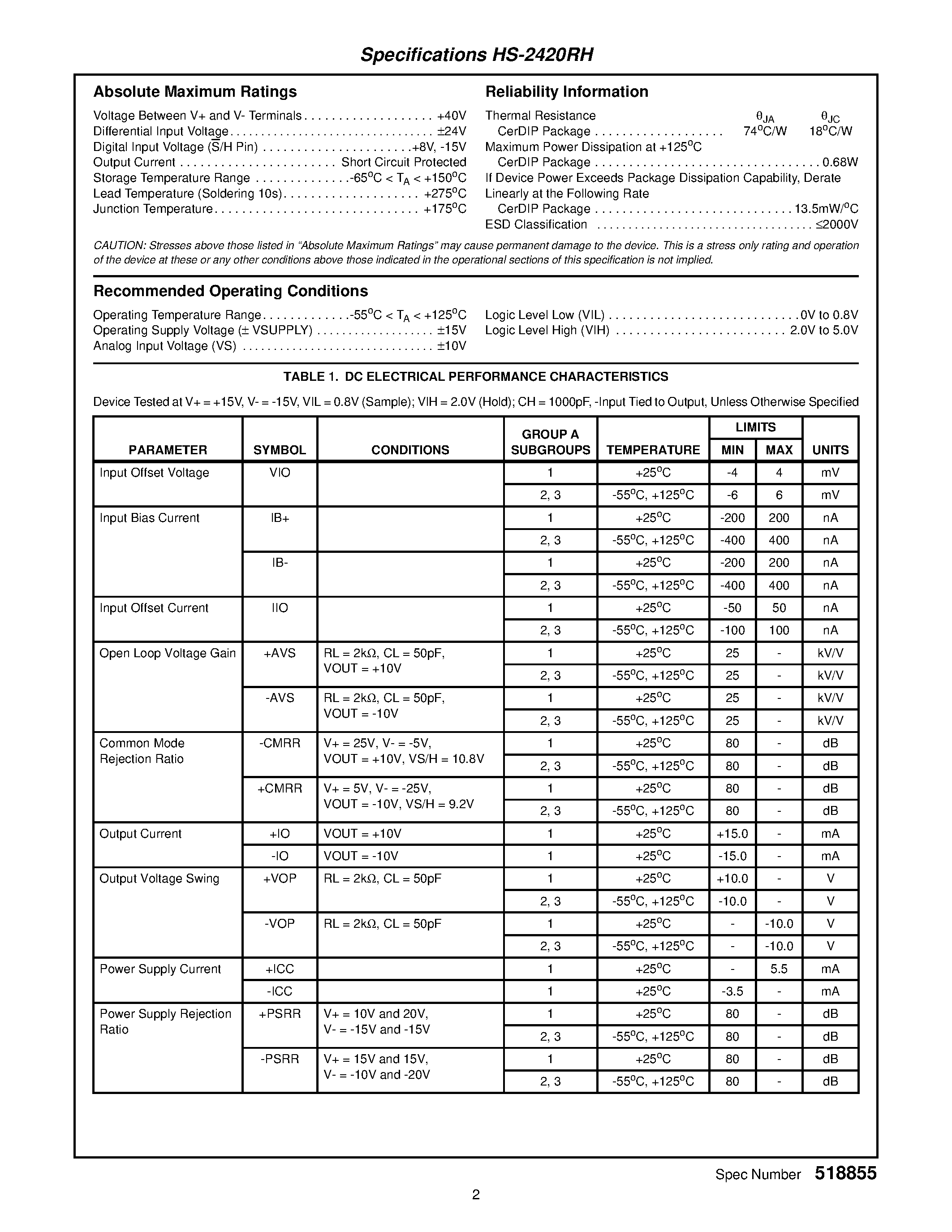 Datasheet HS1-2420RH-Q - Radiation Hardened Fast Sample and Hold page 2