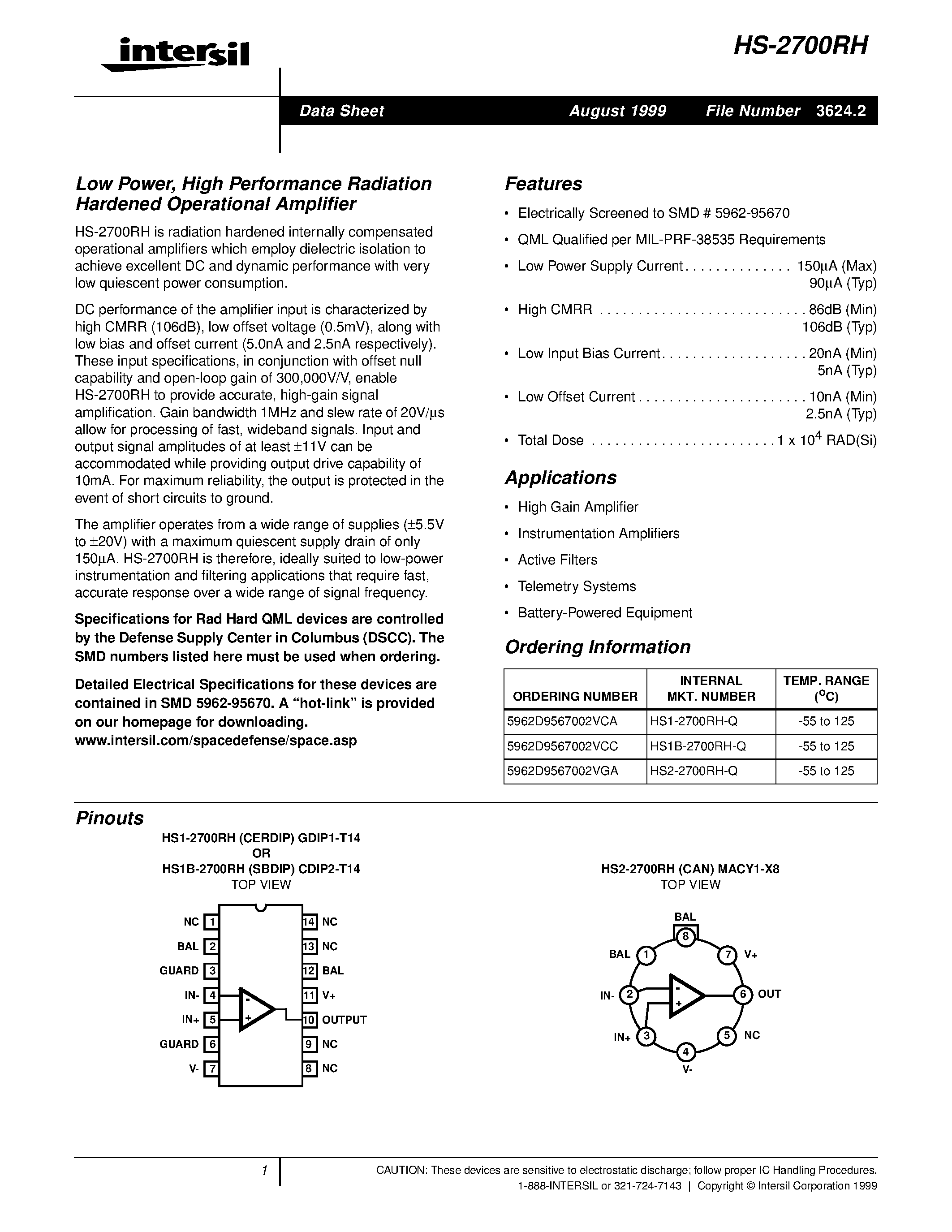 Datasheet HS1-2700RH-Q - Low Power/ High Performance Radiation Hardened Operational Amplifier page 1