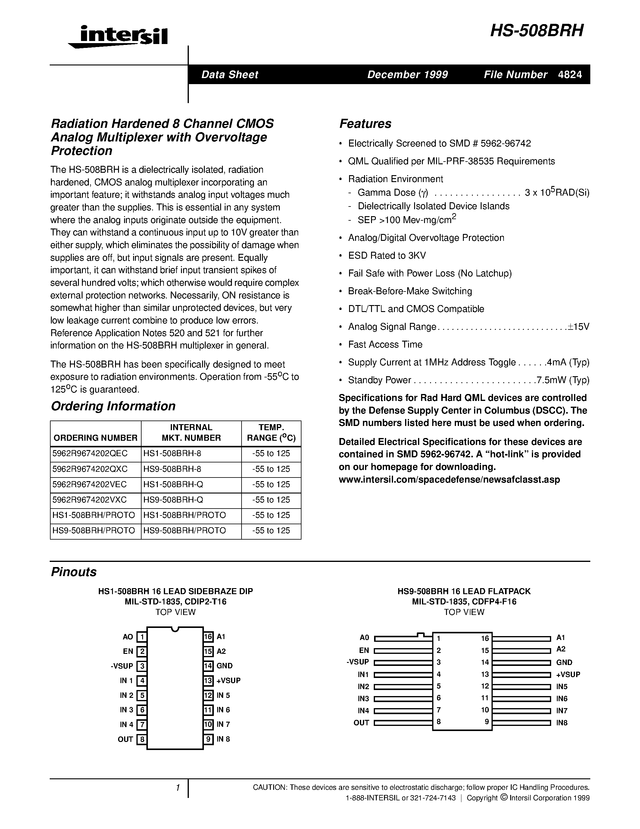 Datasheet HS1-508BRH-8 - Radiation Hardened 8 Channel CMOS Analog Multiplexer with Overvoltage Protection page 1