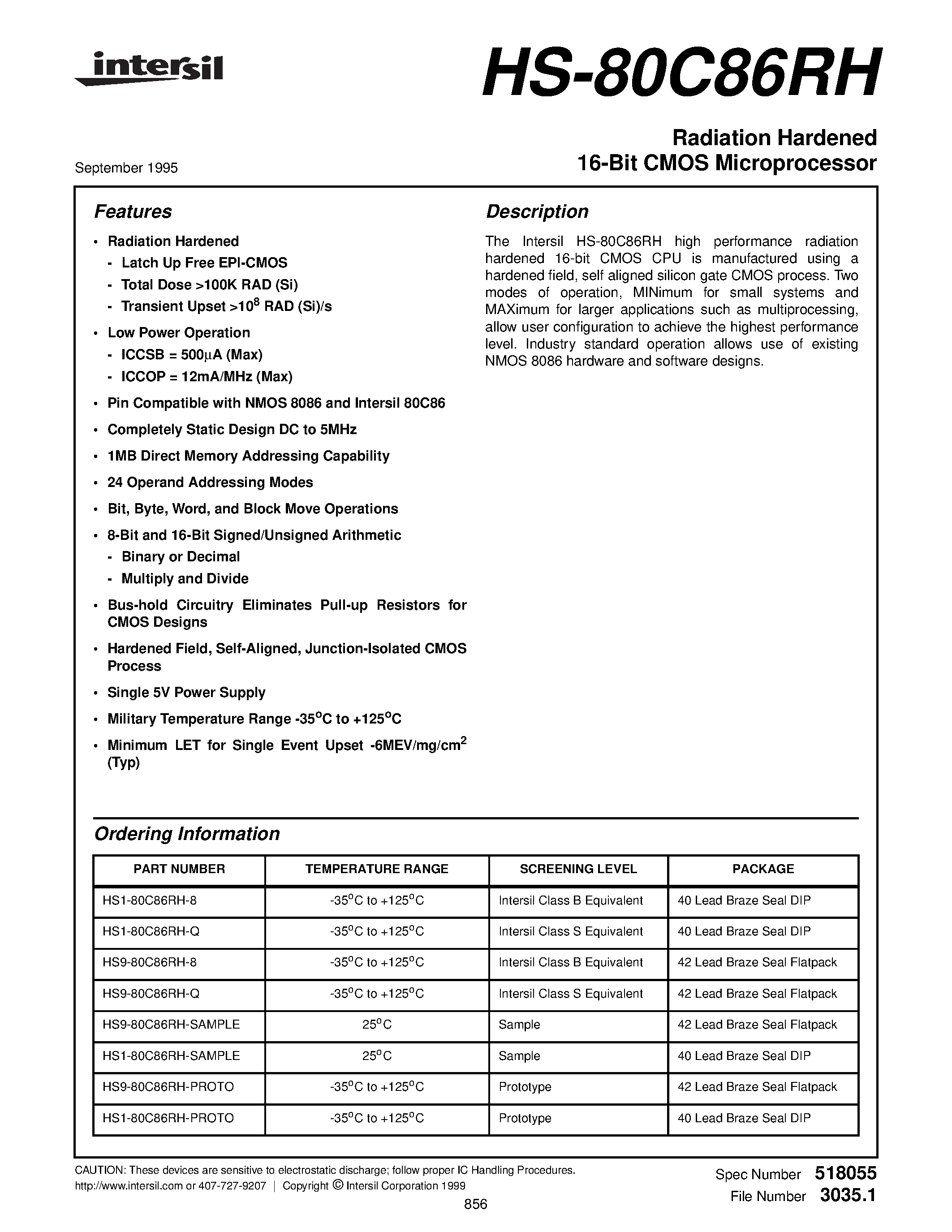 Datasheet HS1-80C86RH-Q - Radiation Hardened 16-Bit CMOS Microprocessor page 1
