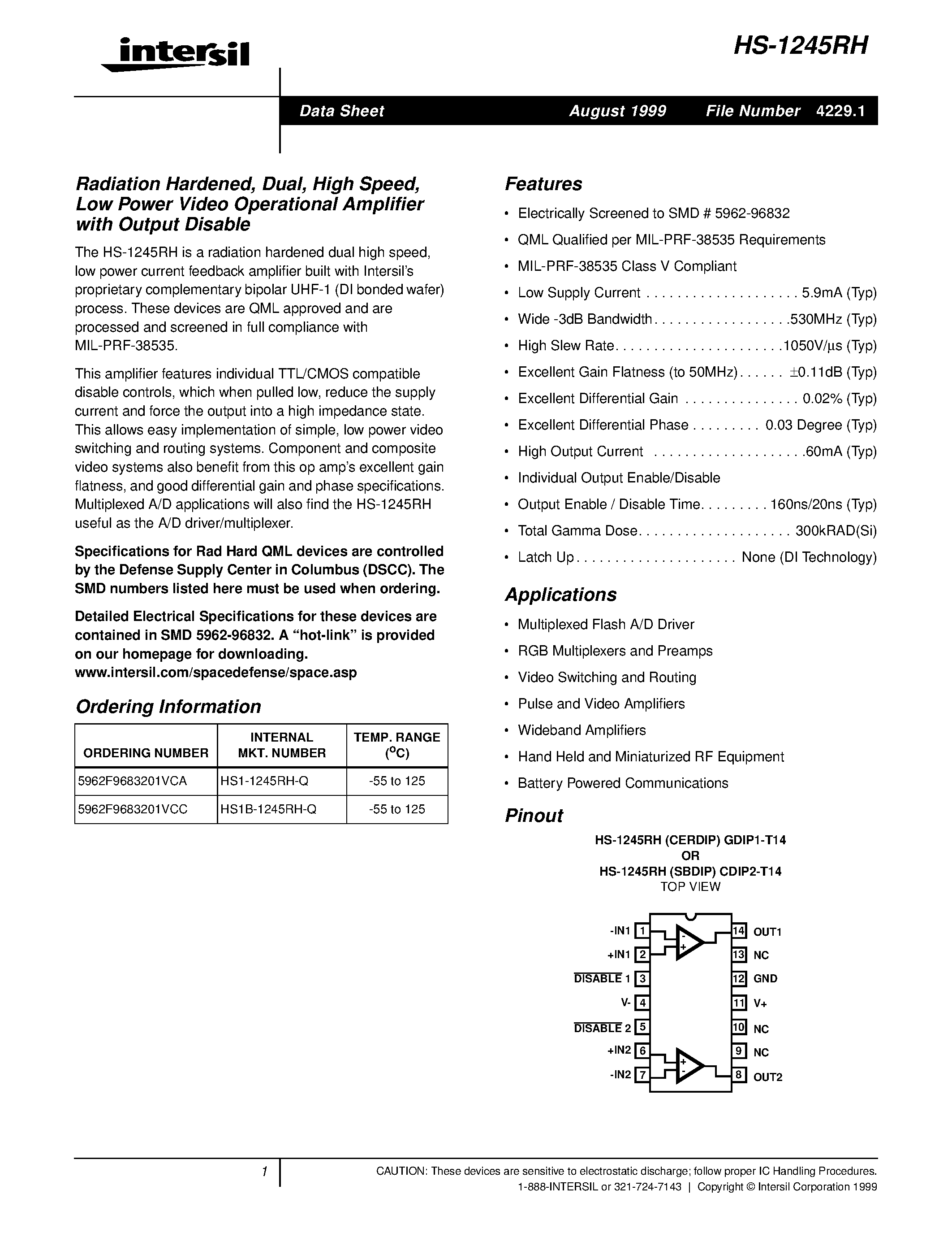 Datasheet HS1B-1245RH-Q - Radiation Hardened/ Dual/ High Speed/ Low Power Video Operational Amplifier with Output Disable page 1