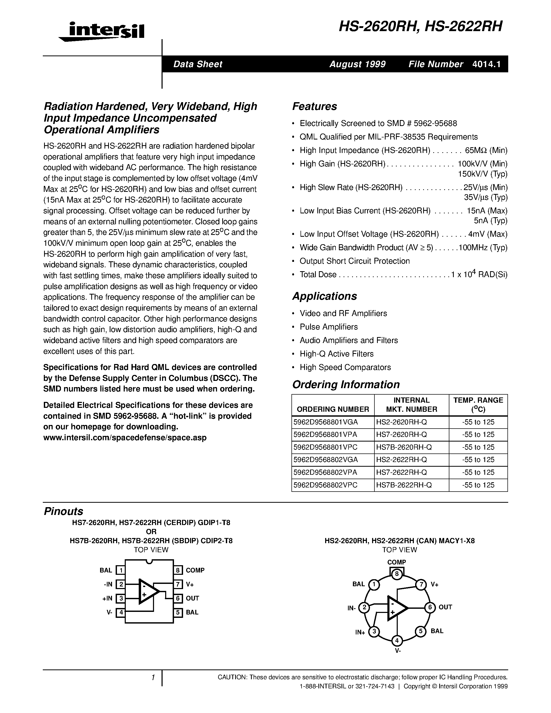 Datasheet HS2-2620RH-Q - Radiation Hardened/ Very Wideband/ High Input Impedance Uncompensated Operational Amplifiers page 1