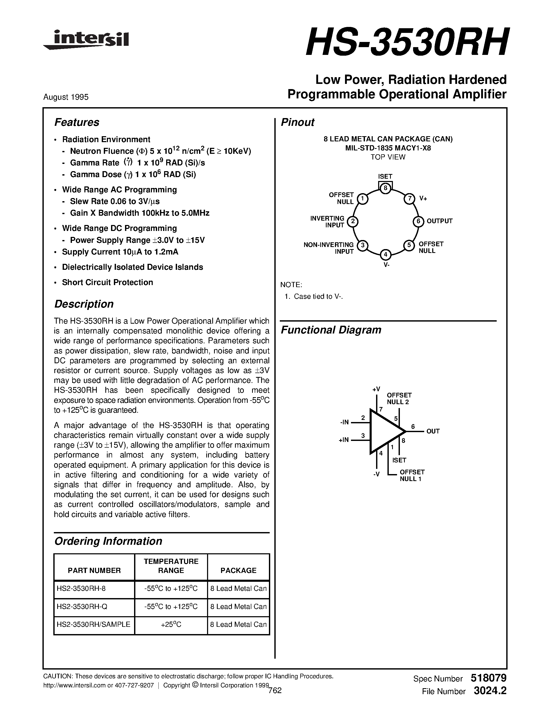 Datasheet HS2-3530RH-Q - Low Power/ Radiation Hardened Programmable Operational Amplifier page 1