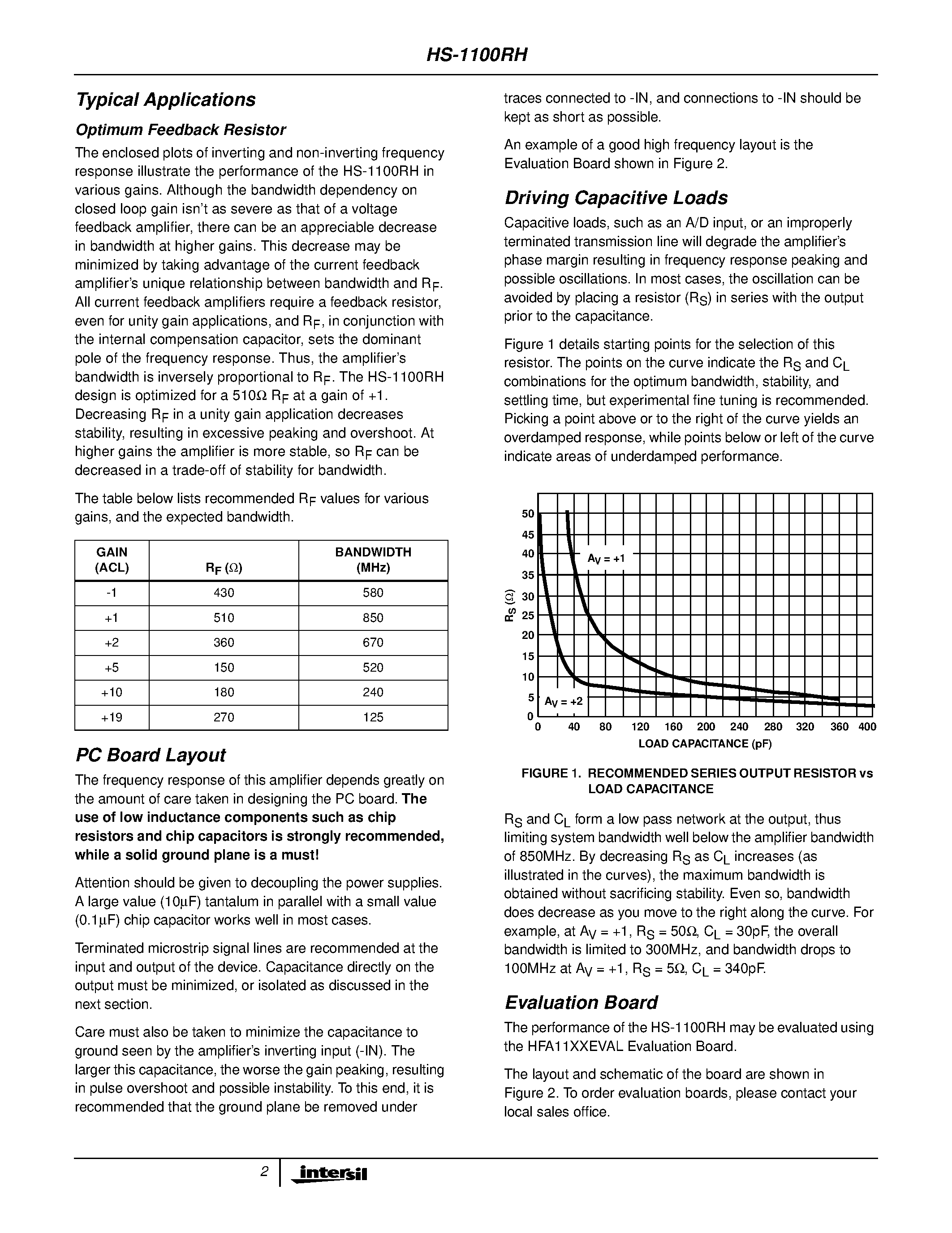 Даташит HS7-1100RH-Q - Radiation Hardened/ Ultra High Speed Current Feedback Amplifier страница 2