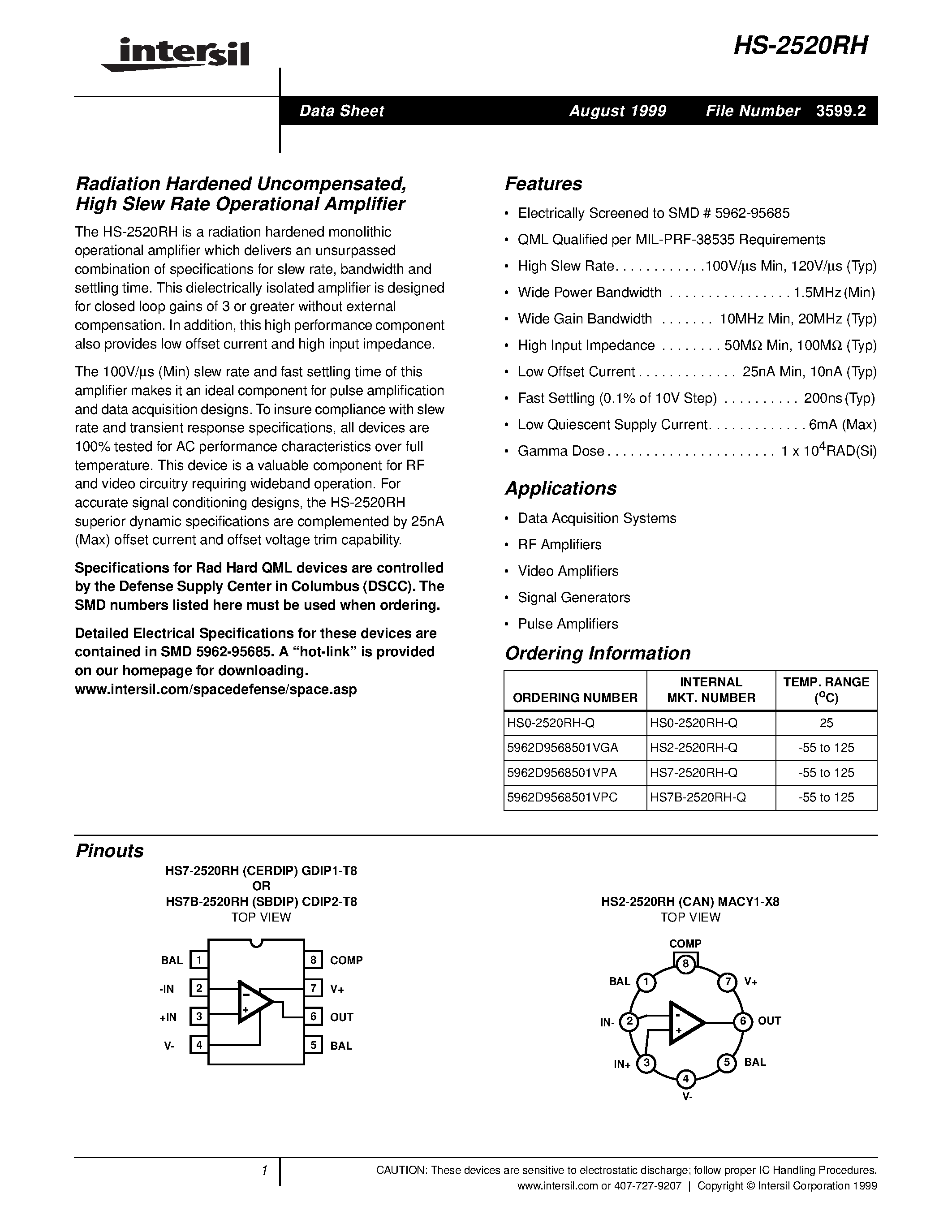 Datasheet HS7-2520RH-Q - Radiation Hardened Uncompensated/ High Slew Rate Operational Amplifier page 1