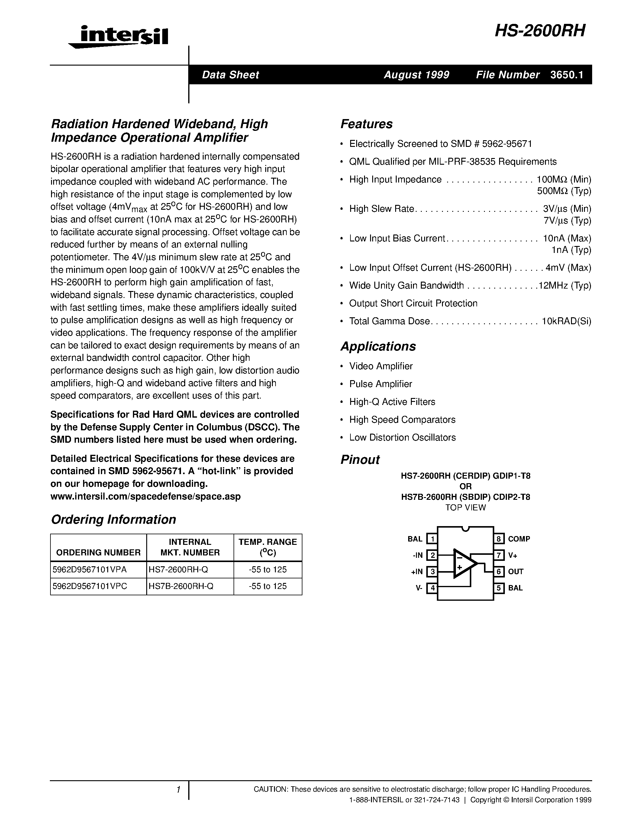 Datasheet HS7-2600RH-Q - Radiation Hardened Wideband/ High Impedance Operational Amplifier page 1