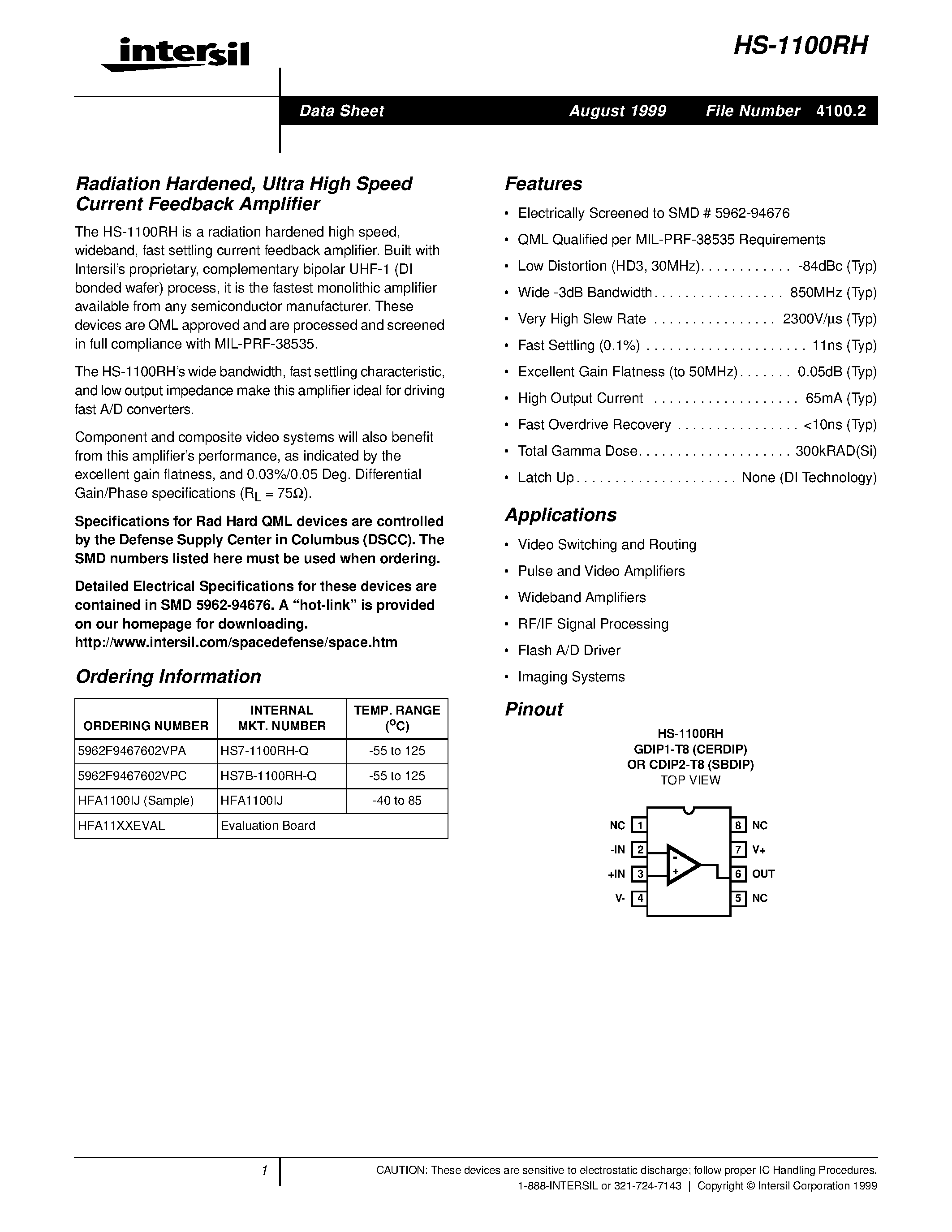 Datasheet HS7B-1100RH-Q - Radiation Hardened/ Ultra High Speed Current Feedback Amplifier page 1