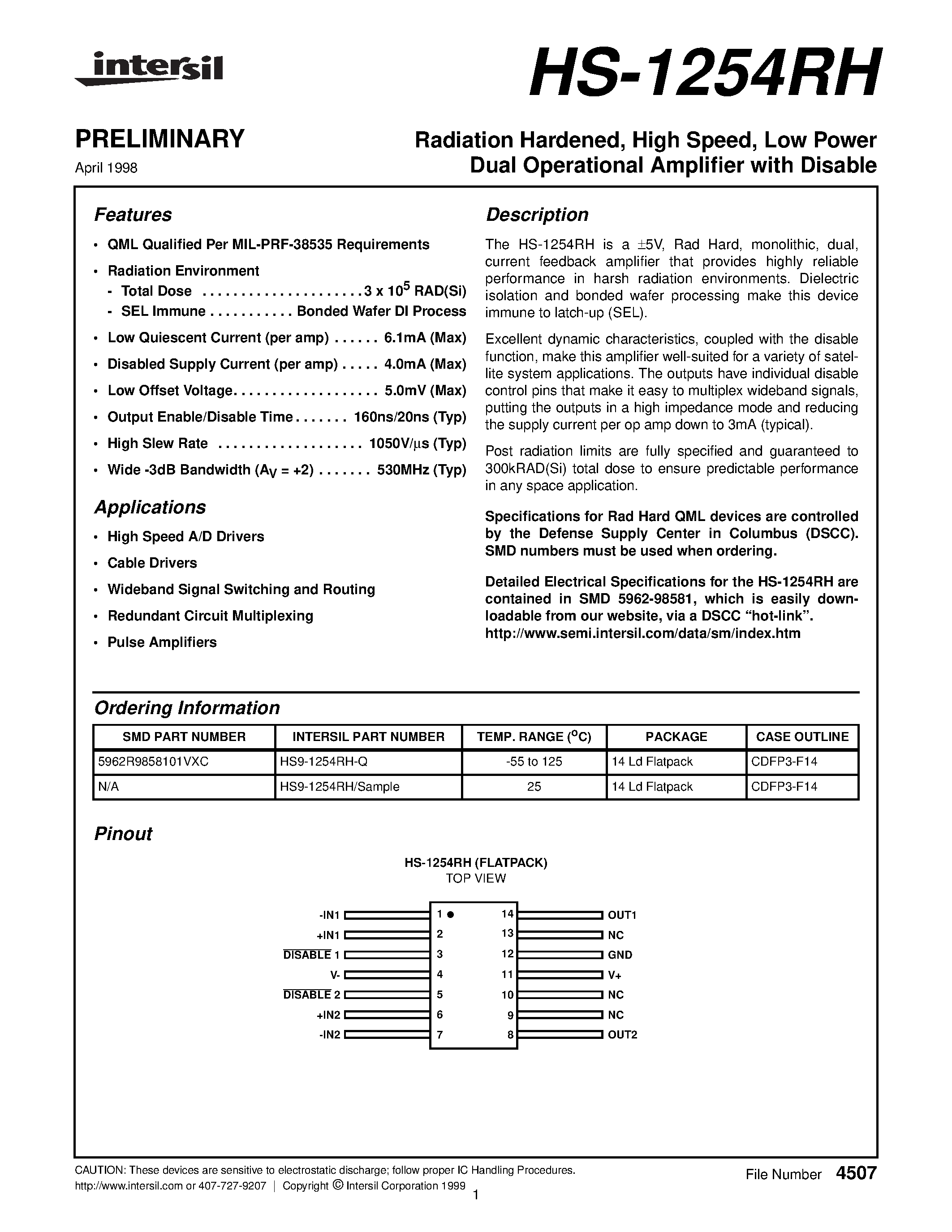 Datasheet HS9-1254RH-Q - Radiation Hardened/ High Speed/ Low Power Dual Operational Amplifier with Disable page 1