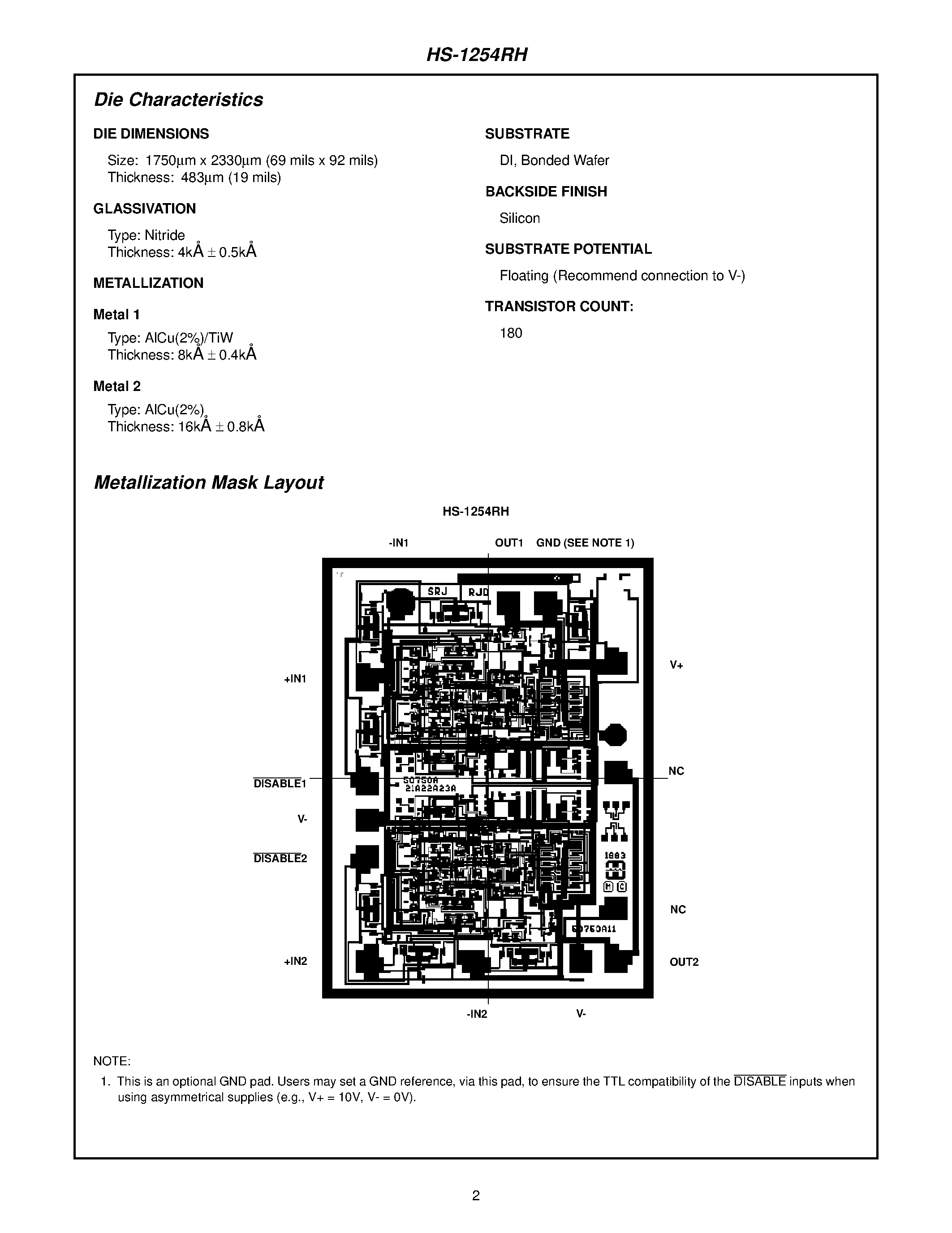 Datasheet HS9-1254RH-Q - Radiation Hardened/ High Speed/ Low Power Dual Operational Amplifier with Disable page 2