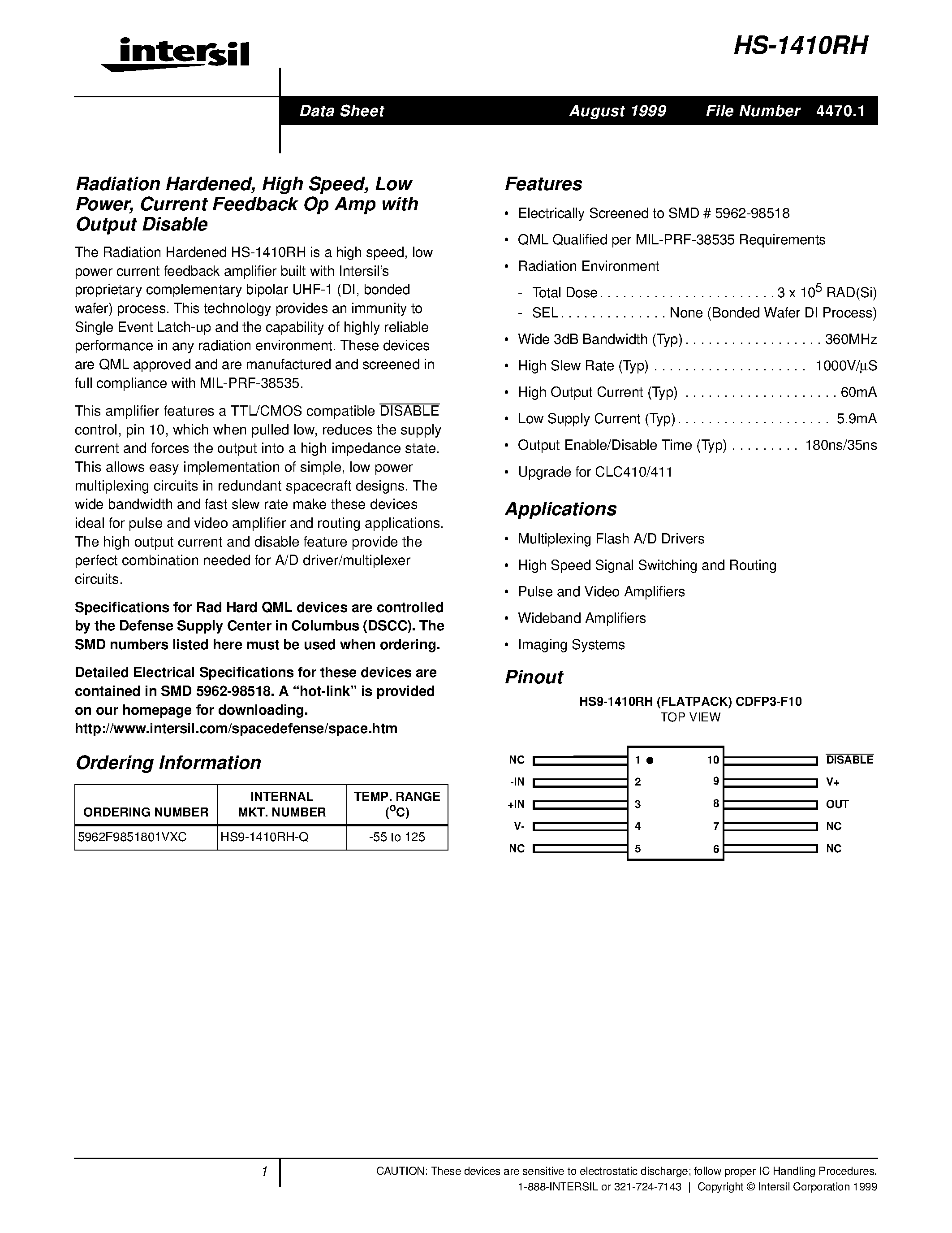 Datasheet HS9-1410RH-Q - Radiation Hardened/ High Speed/ Low Power/ Current Feedback Op Amp with Output Disable page 1