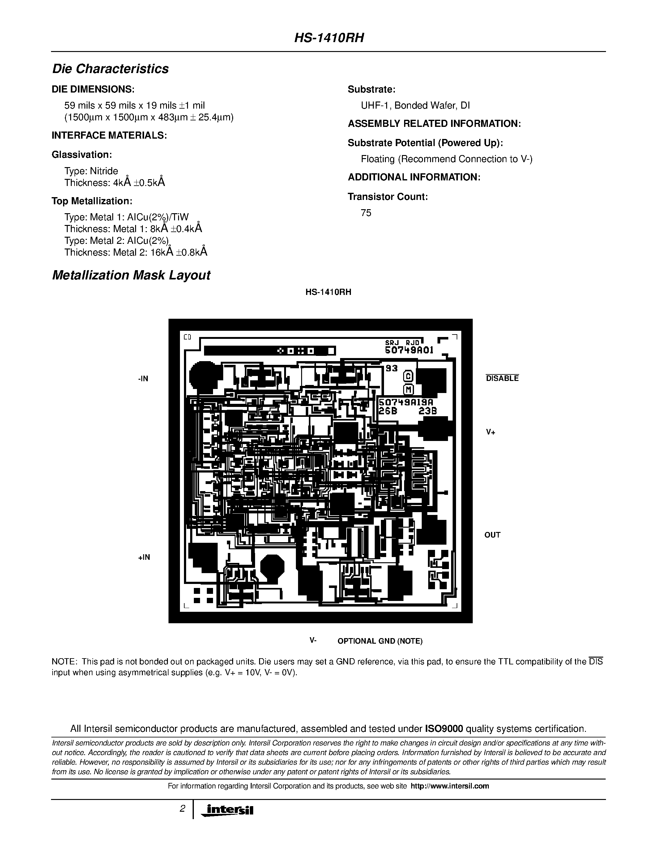 Datasheet HS9-1410RH-Q - Radiation Hardened/ High Speed/ Low Power/ Current Feedback Op Amp with Output Disable page 2