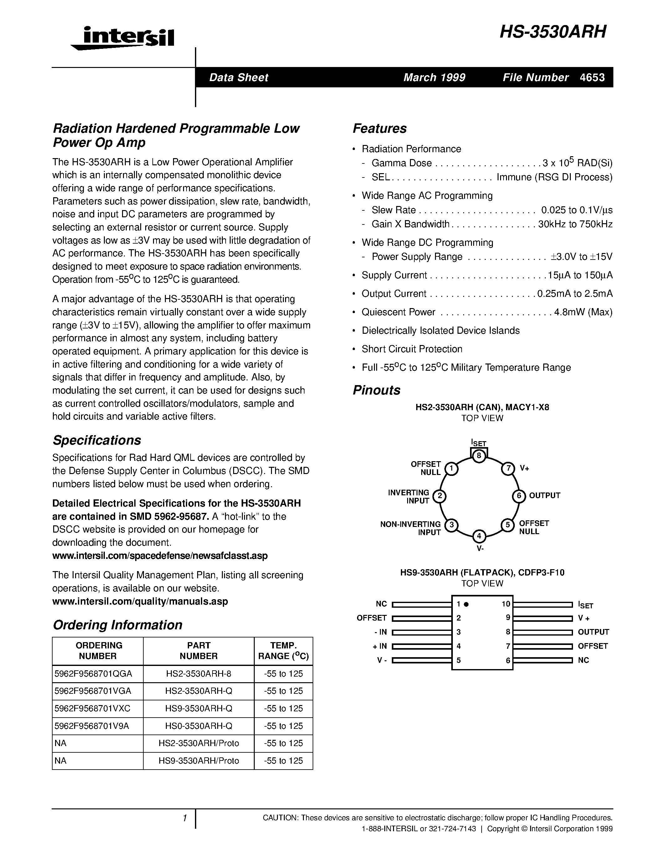 Datasheet HS9-3530ARH-Q - Radiation Hardened Programmable Low Power Op Amp page 1