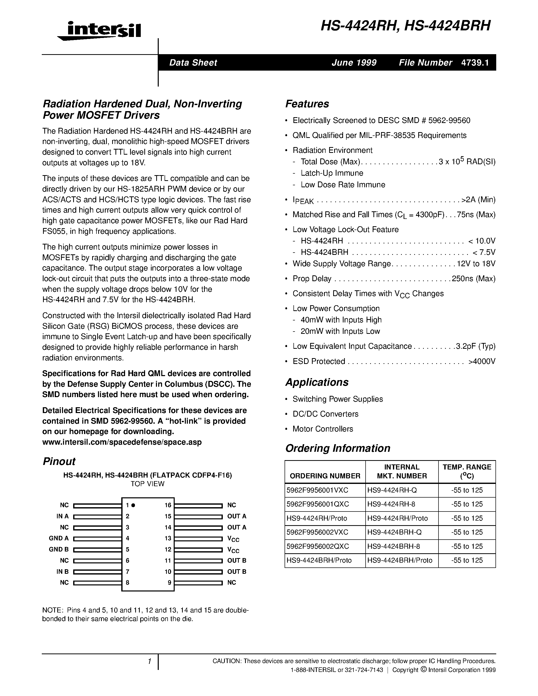 Datasheet HS9-4424BRH-Q - Radiation Hardened Dual/ Non-Inverting Power MOSFET Drivers page 1