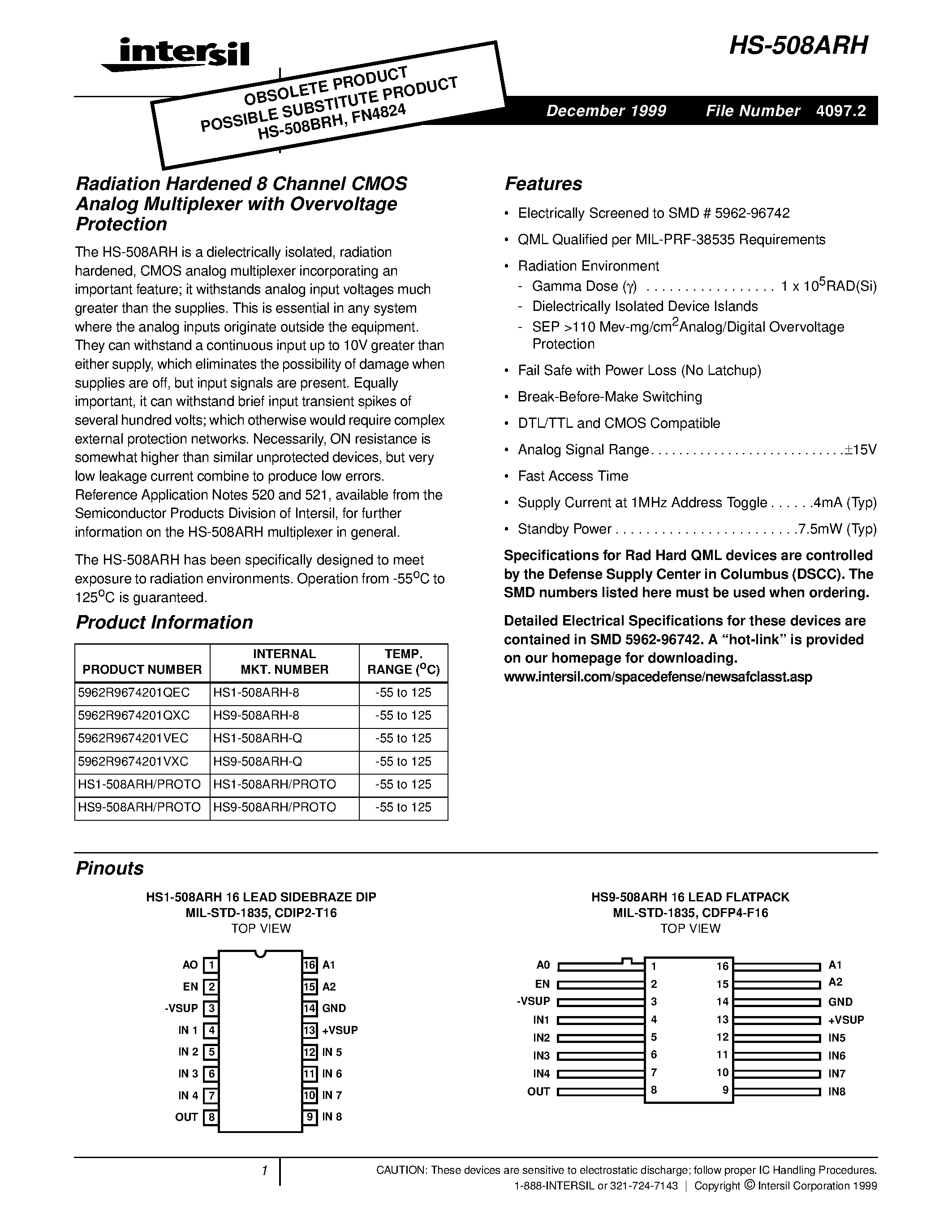Datasheet HS9-508ARH-8 - Radiation Hardened 8 Channel CMOS Analog Multiplexer with Overvoltage Protection page 1