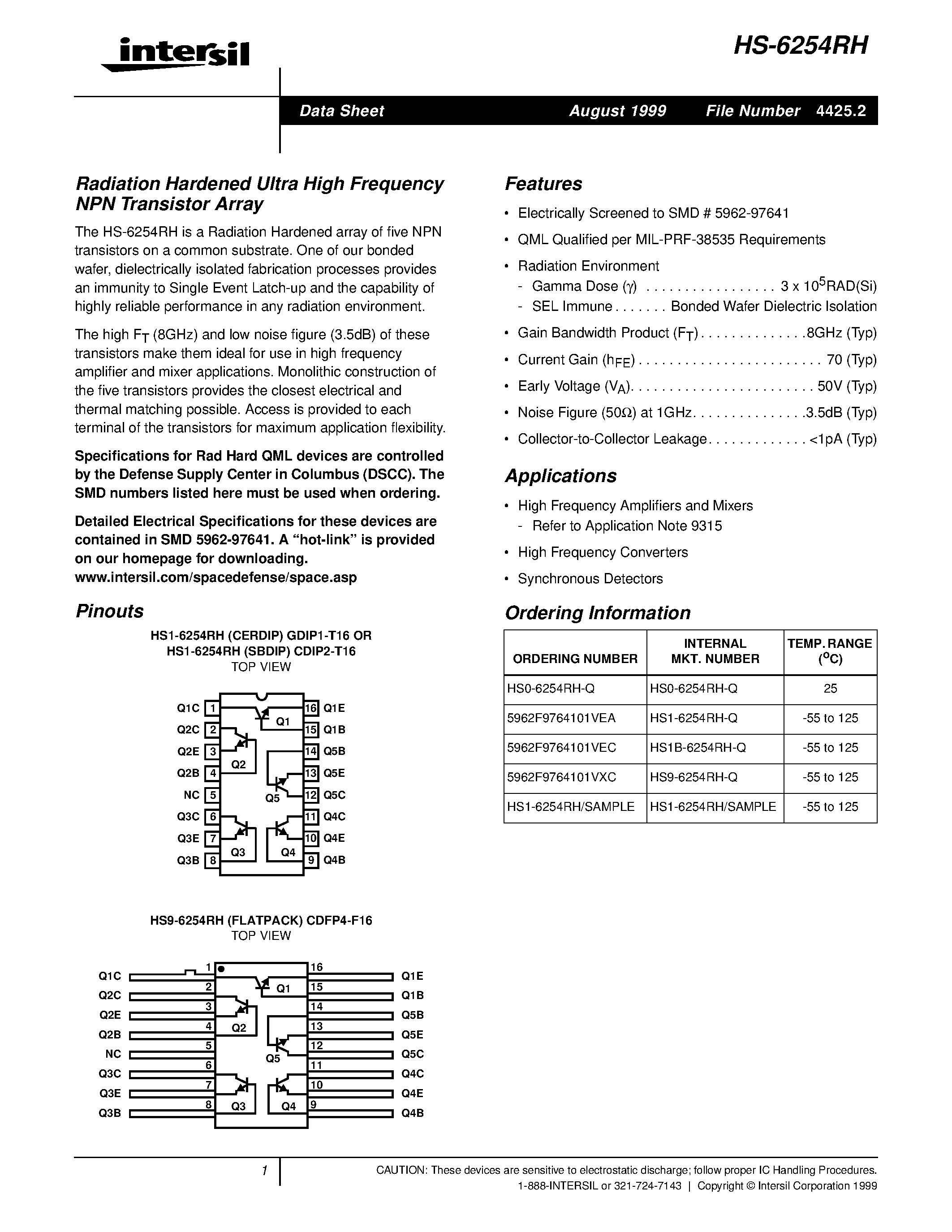 Datasheet HS9-6254RH-Q - Radiation Hardened Ultra High Frequency NPN Transistor Array page 1