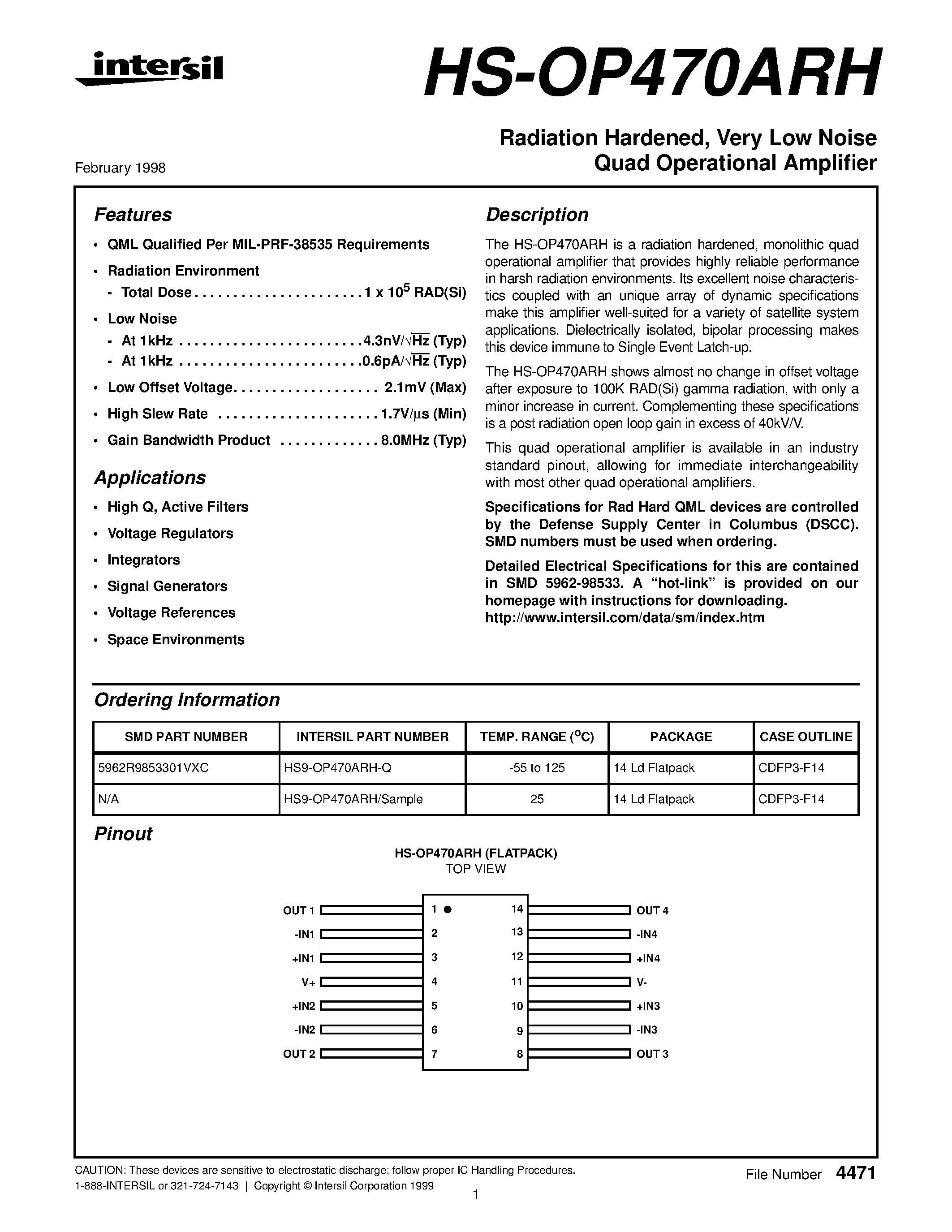 Datasheet HS9-OP470ARH-Q - Radiation Hardened/ Very Low Noise Quad Operational Amplifier page 1